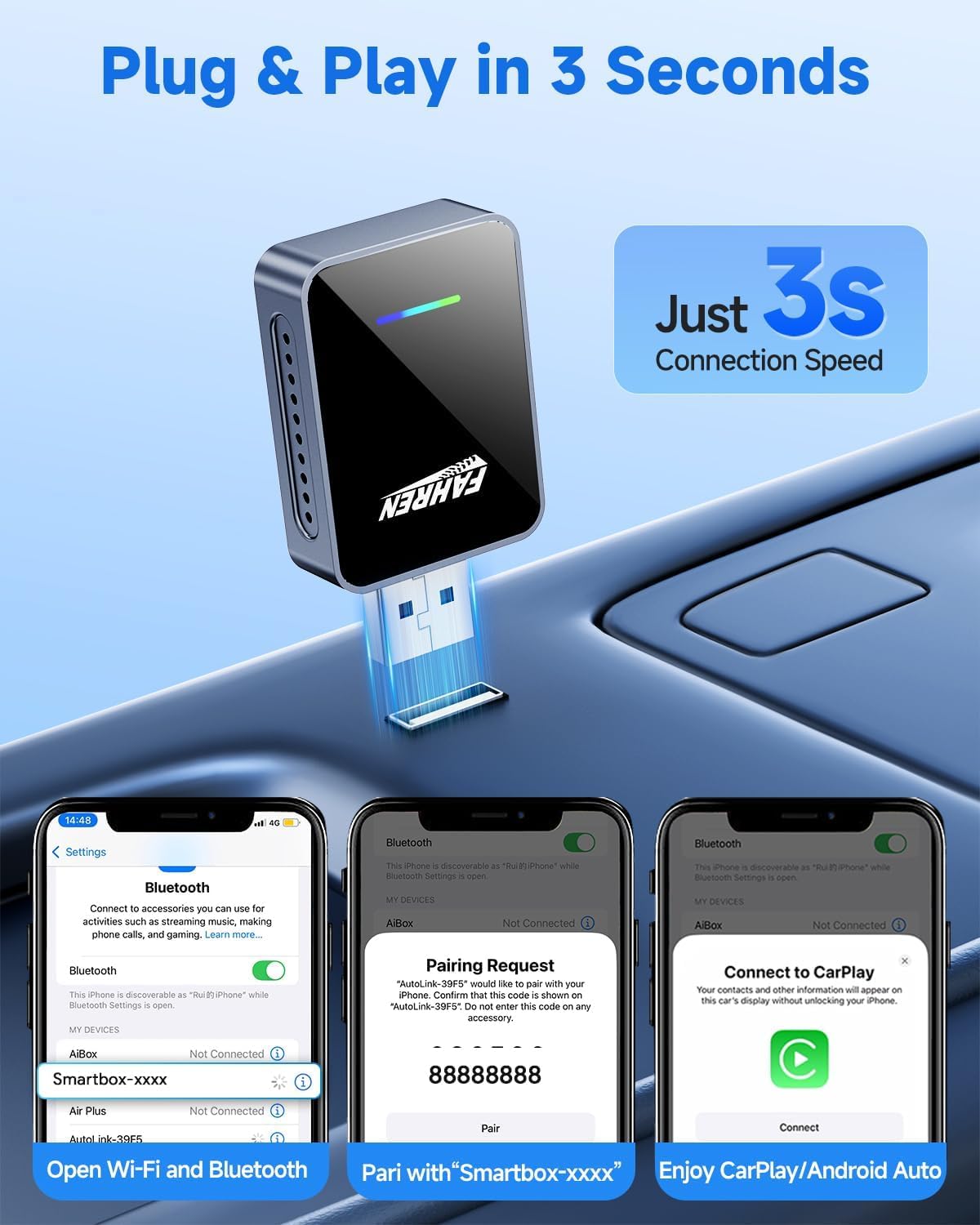FAHREN 𝟐𝟎𝟐𝟔 𝐔𝐩𝐠𝐫𝐚𝐝𝐞𝐝 2-in-1 Wireless CarPlay Adapter & Android Auto Adapter, One-Click Disconnect & Device Switching, Mini Size 3s Auto Reconnect, Stable 5GHz WiFi & Bluetooth, Plug & Play