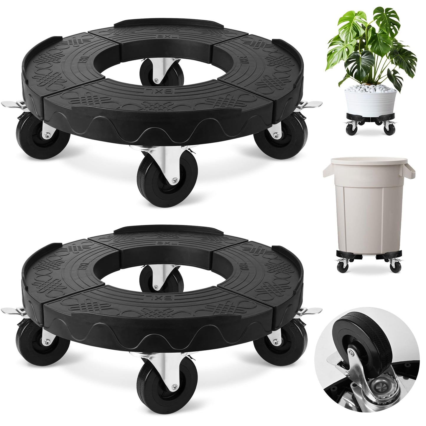 ToLanbbt Trash Can Dollies with Upgraded Wheels, 15-19 in Adjustable Round Furniture Dollies, Drum Rolling Bases Heavy Duty 480 LBS Keg Bases for Garbage Cans, Wine Barrels, Plants, Black, 2 Pack