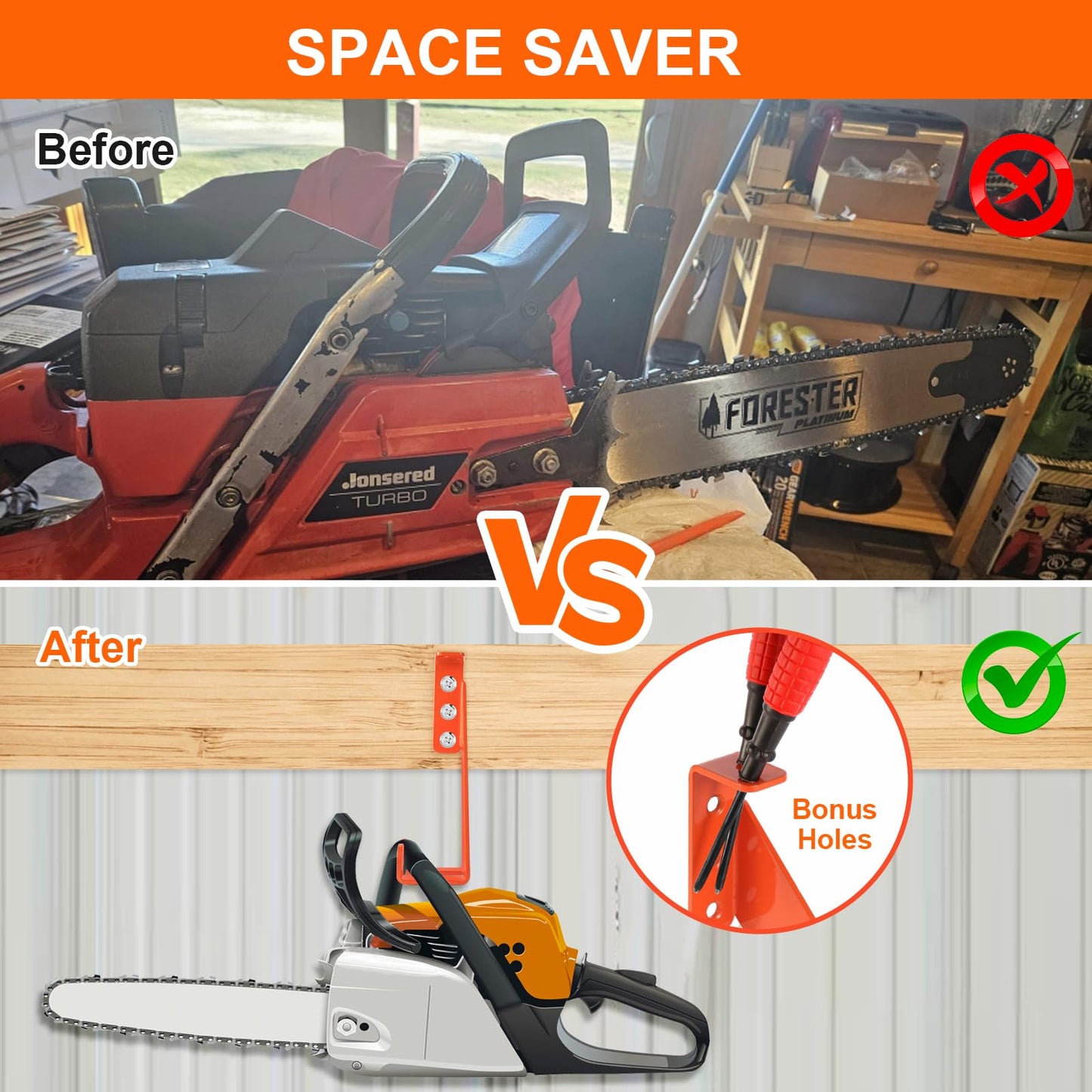 3-in-1 Chainsaw Holder 10in - Heavy Duty Chainsaw Wall Mount, 10 Gauge Steel Chain Saw Hanger for Garage Organization, Hefty Rack Storage Organizer for Chainsaw Accessories and Tools, 180 Lbs Capacity