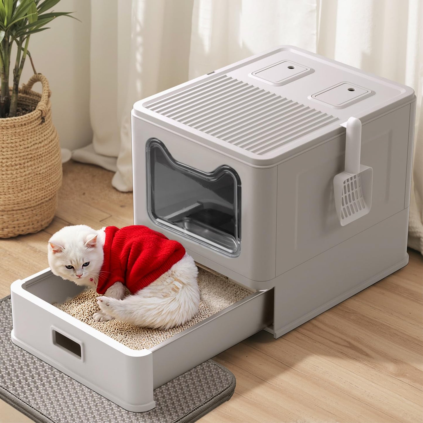 LEEJARD Stainless Steel Cat Litter Tray with Lid and Drawer, Closed Cat Litter Tray XXL with Cat Litter Tray Mat & Shovel for Large Cats. Odourless, Easy to Clean