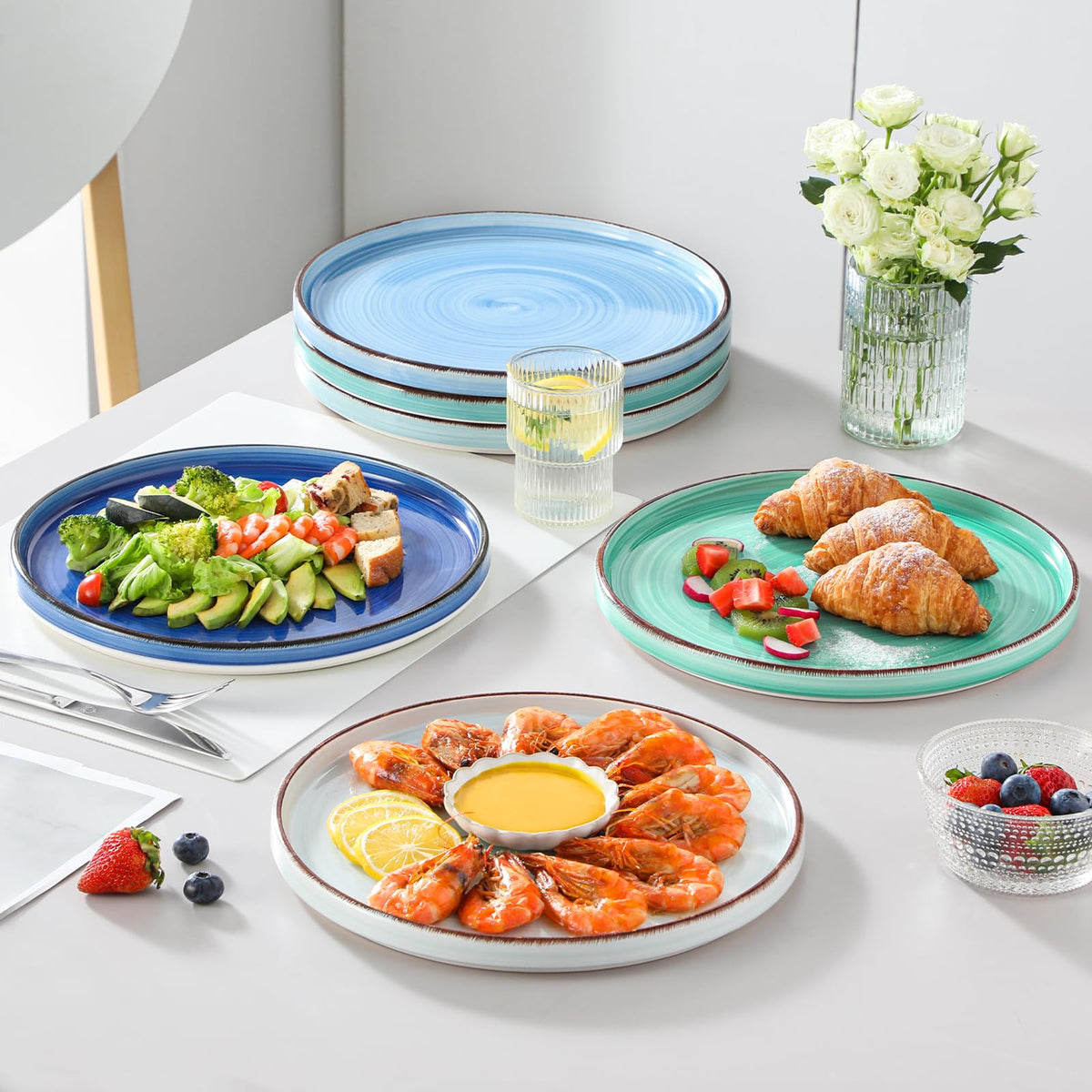 vancasso Bonita 10.5 Inch Dinner Plates, Ceramic Dinner Plate Set, Salad Plates Set of 6, Large Dinnerware Plates, Microwave, Oven and Dishwasher Safe, Blue