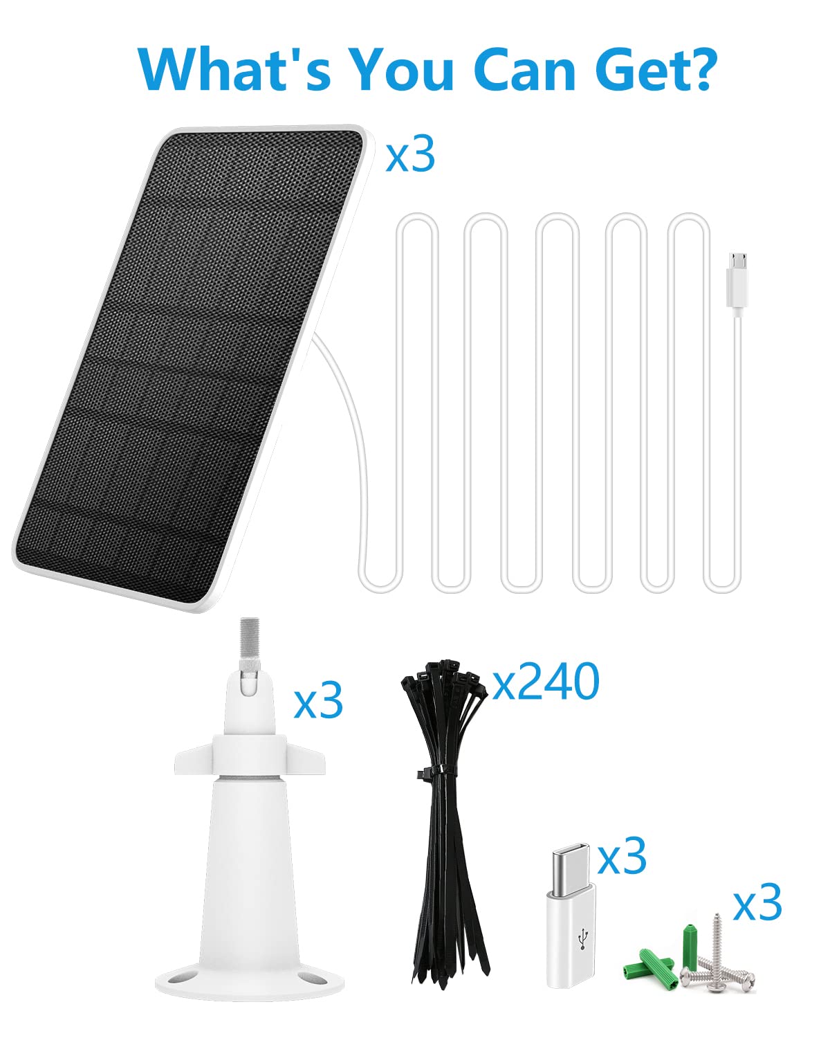 Solar Panel Charger Compatible with Eufycam 3/3C/2C/2C Pro/E40/E20/2/2 Pro/E/L20/L40/Solo/SoloCam Spotlight, 5W Solar Panel for Eufy Camera, Micro USB & USB-C Port, 9.8ft Cable, P65 Waterproof, 3 Pack