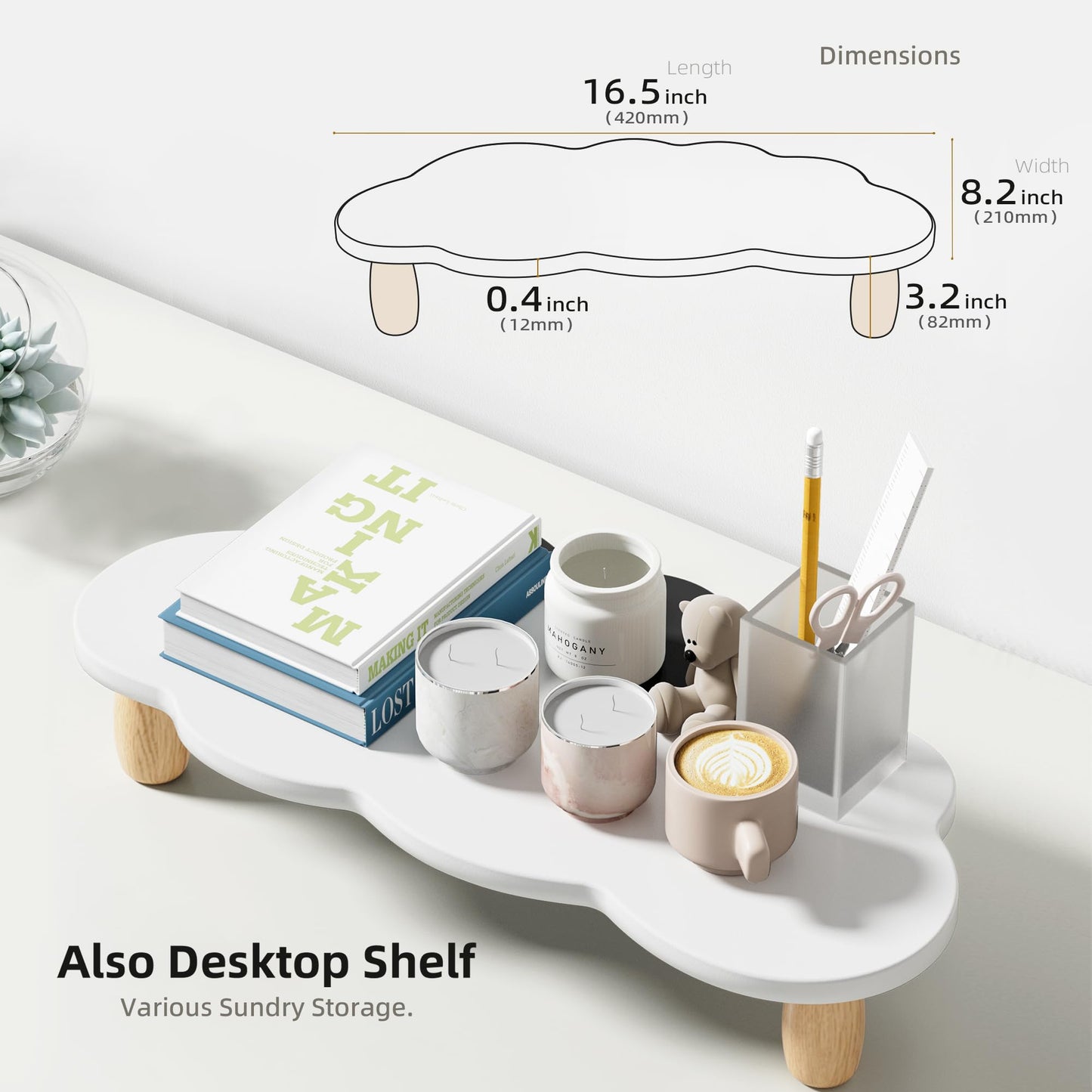 AFOOYO Monitor Stand Riser,Cloud-Shaped Sturdy Wood Computer Monitor Riser, Laptop Monitor Stand, Multi-Purpose Desktop Organizer Riser for Computer, Laptop, Printer, TV,White