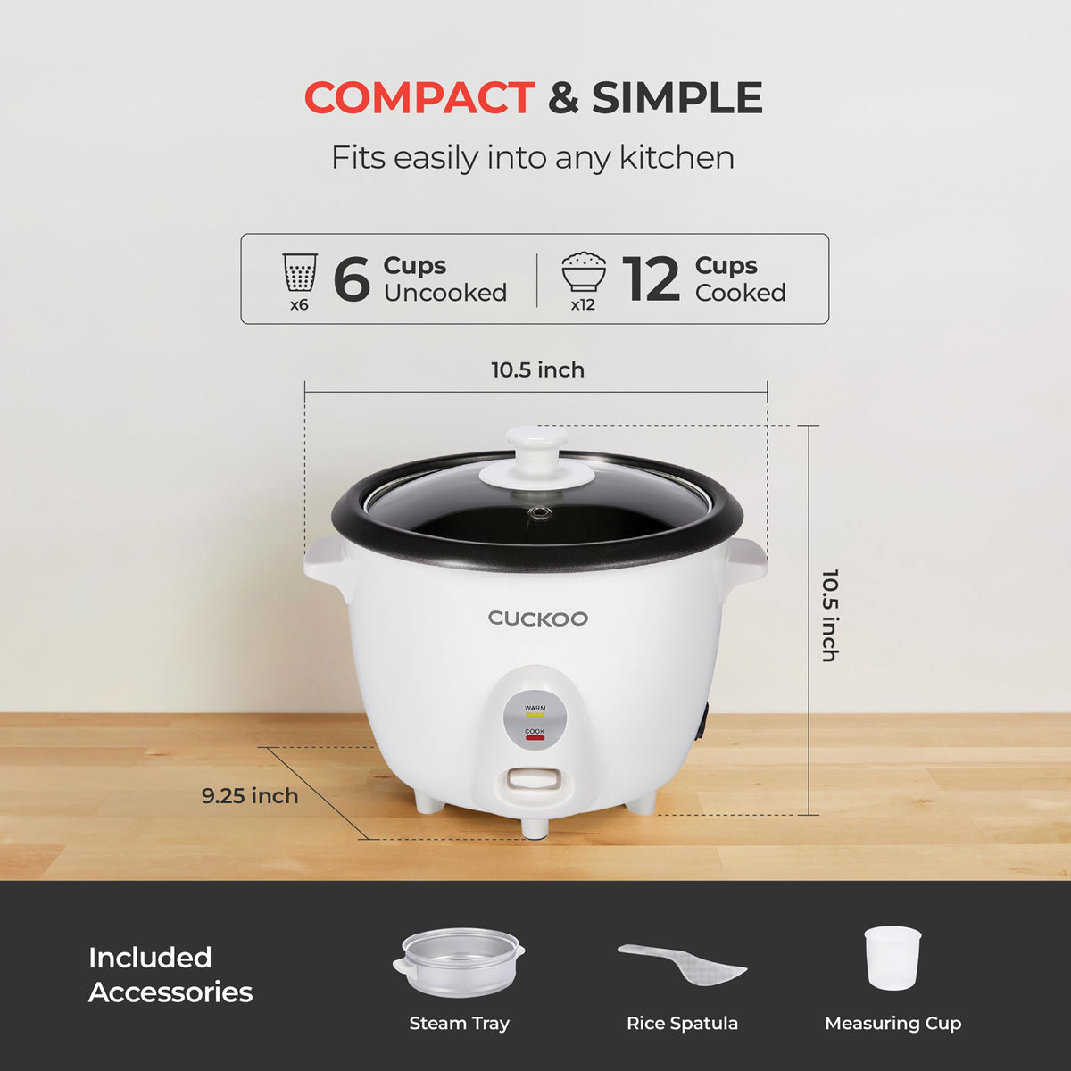 CUCKOO One Touch Rice Cooker 6-Cup (Uncooked) / 12-Cup (Cooked), Small Rice Cooker & Warmer with Steamer Tray, Versatile Grain Cooker, Soup Maker, Auto Keep Warm, White (CR-0601C)