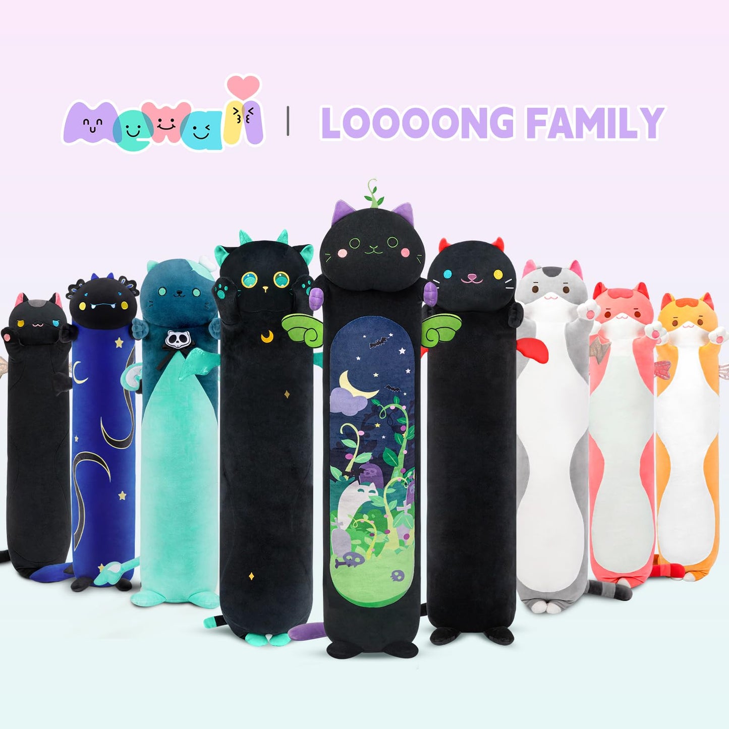 Mewaii Long Cat Plush Body Pillow, Cute Cat Plush Animals Kawaii Soft Plushies, Kitten Plush Pillow Doll Gift for Girls Boys (Devil Mint Cat 53 Inch)