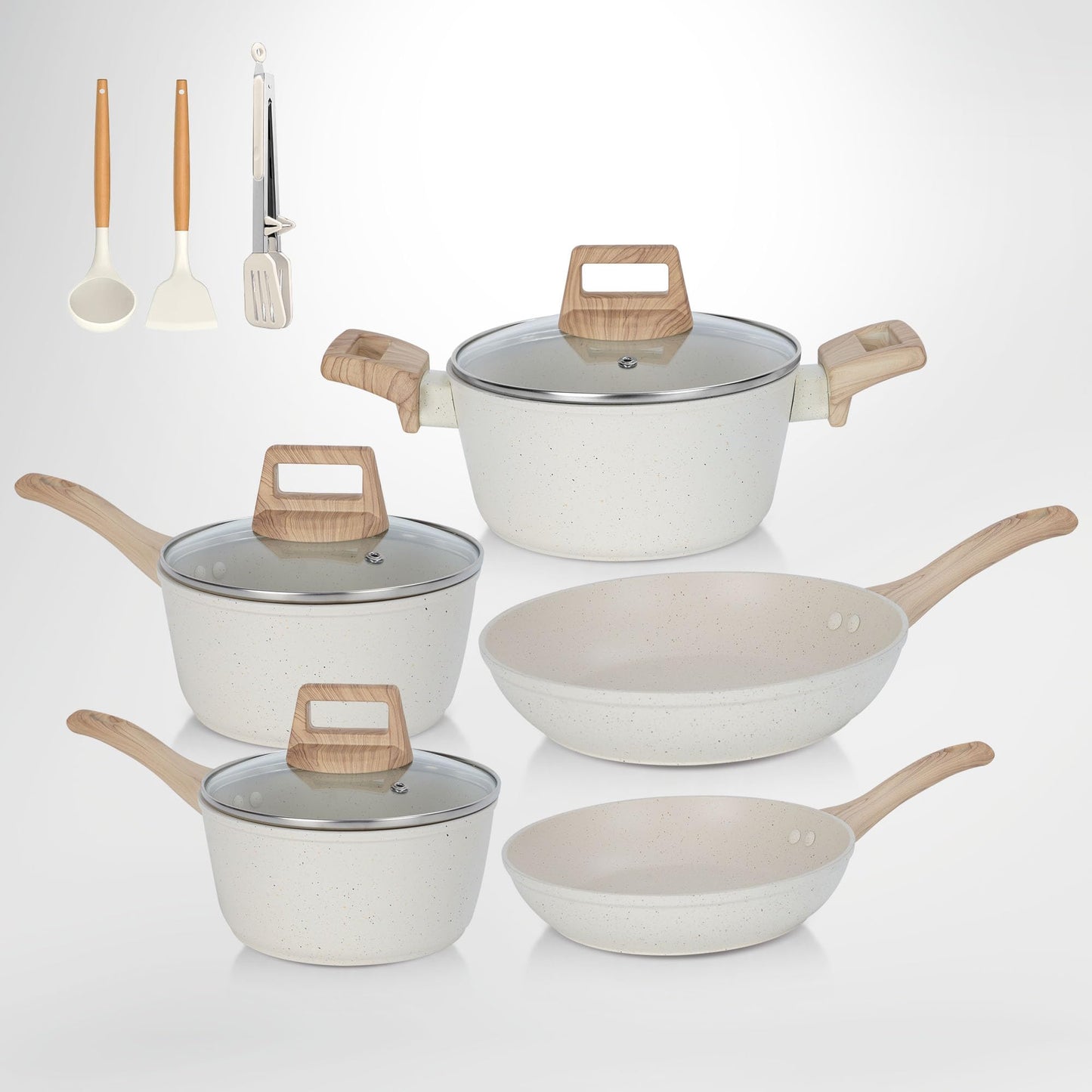 SHEUMNT 11Pcs Pots and Pans Set, Nonstick Cookware Sets, White Granite Induction Cookware Non Stick Cooking Set w/Frying Pans & Saucepans