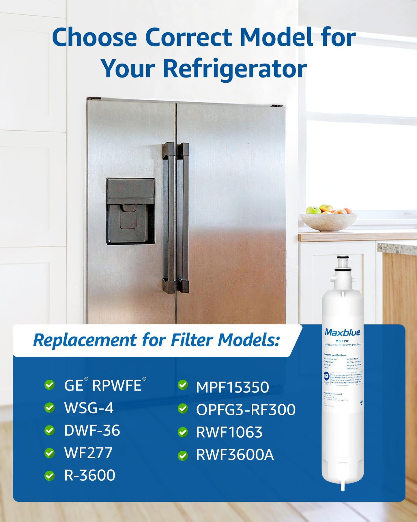 Maxblue MB-F19C (with CHIP) NSF 401 Certified Refrigerator Water Filter, Replacement for GE® RPWFE®, RPWF, WSG-4, WF277, GFE28GMKES, PFE28KBLTS, GFD28GSLSS, PWE23KSKSS, GYE22HMKES, DFE28JSKSS
