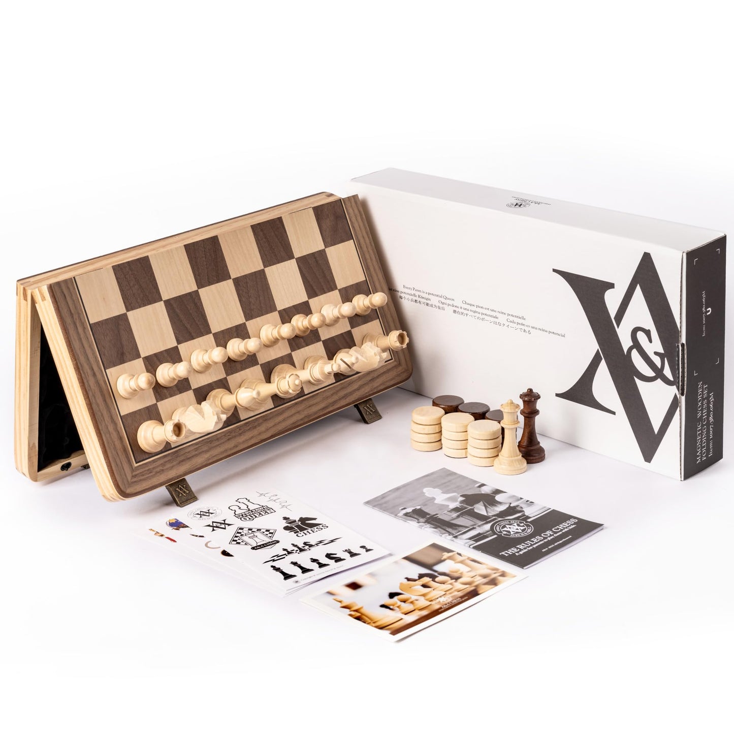 A&A 15" Magnetic Wooden Chess & Checkers Set/Folding Board / 3" King Height German Knight Staunton Chess Pieces/Walnut & Maple Inlaid /2 Extra Queen