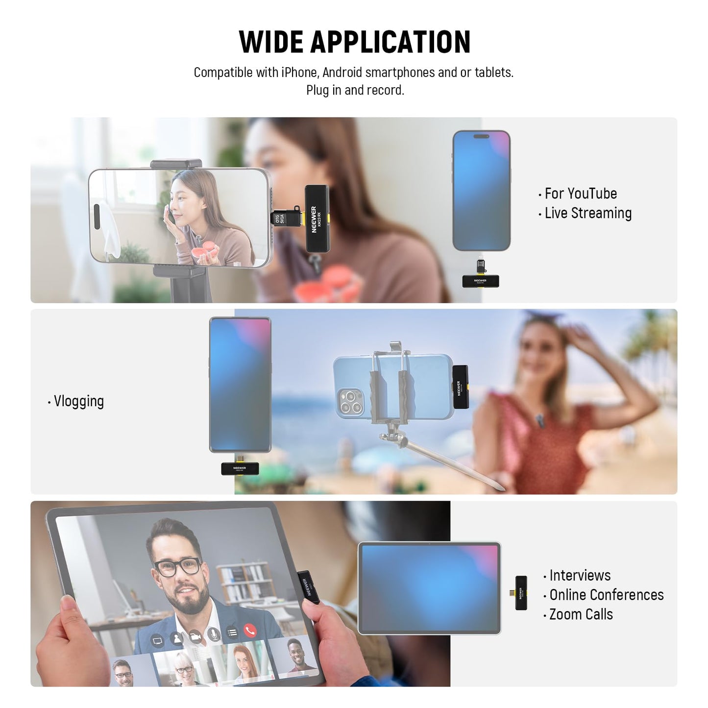 NEEWER Wireless Lavalier Microphone for iPhone Android Tablet PC Laptop 131ft/40m Range Noise Cancellation Omnidirectional Mic for Vlogging Live Streaming (1x RX + 1x TX), KM23