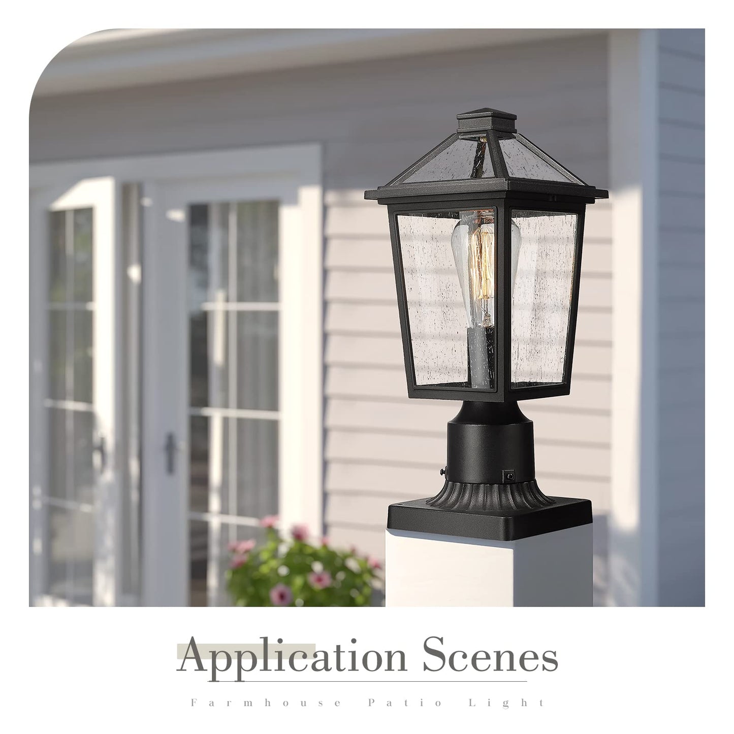 Zeyu Farmhouse Outdoor Post Light Fixture, 13.4 Inch Column Lamp Post Lantern for Garden Patio House, Die-Cast Aluminum in Black Finish, Seeded Glass Shade, ZX58P BK