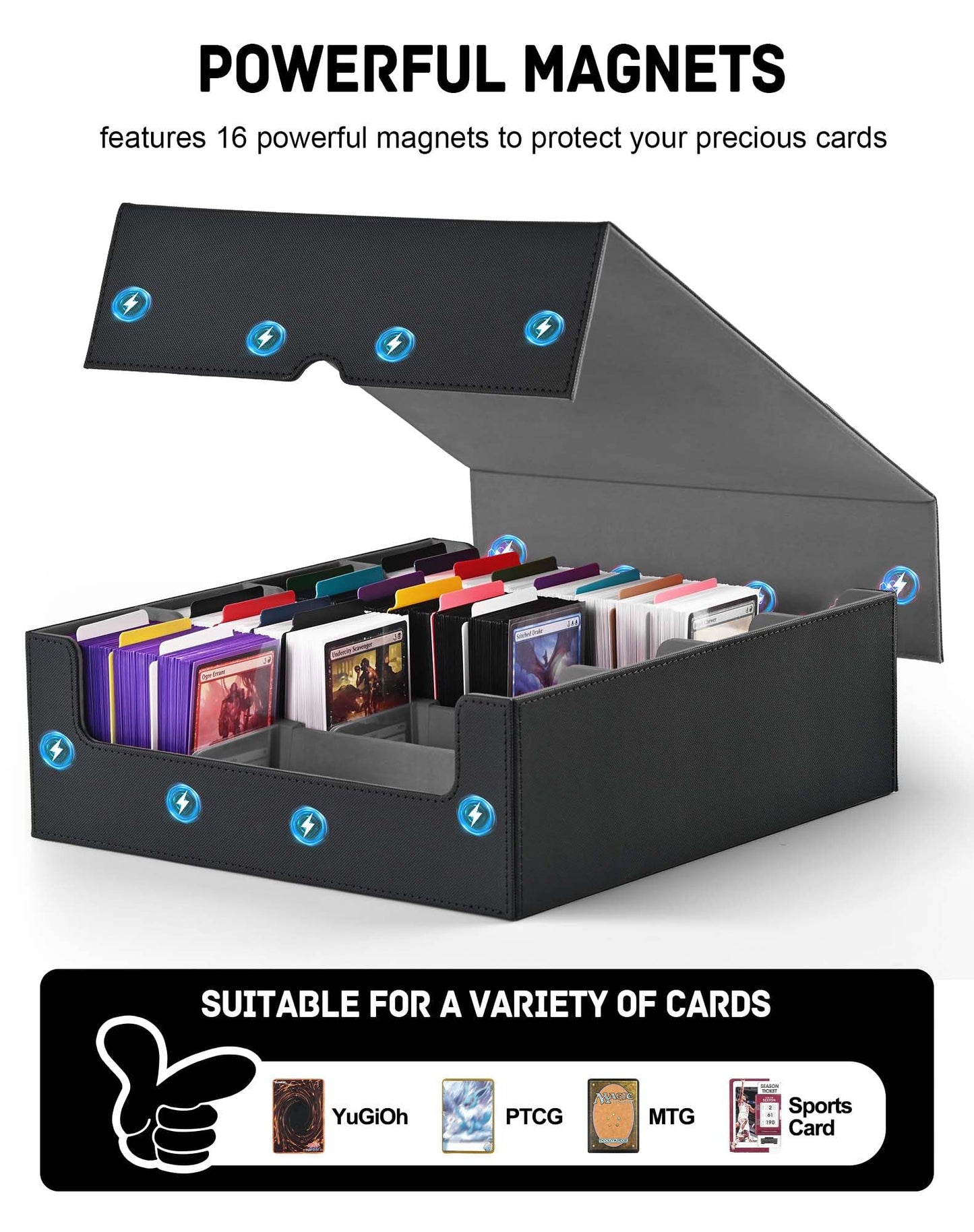 ZLCA Card Storage Box for MTG PTCG, Commander Deck Box Holds 3000+ Cards, Card Storage Case with 4 Stoppers, Card Organizer for TCG Sport Cards (Black)