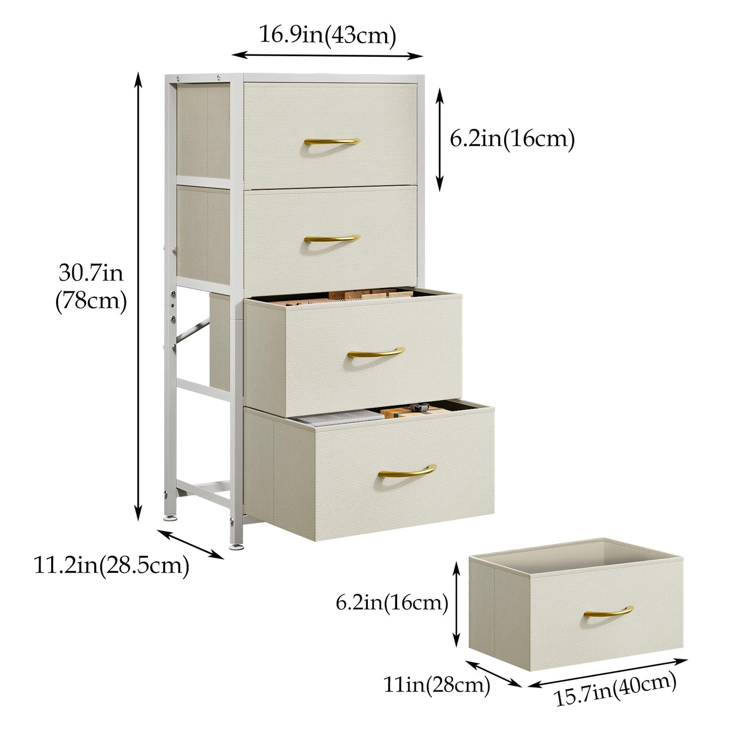 4-Drawer Dresser Vertical Storage Tower Fabric Dresser for Bedroom, Hallway, Entryway, Closet Organizer, Nightstand Bedside Table Furniture,Wooden Top (4-Tier, White)