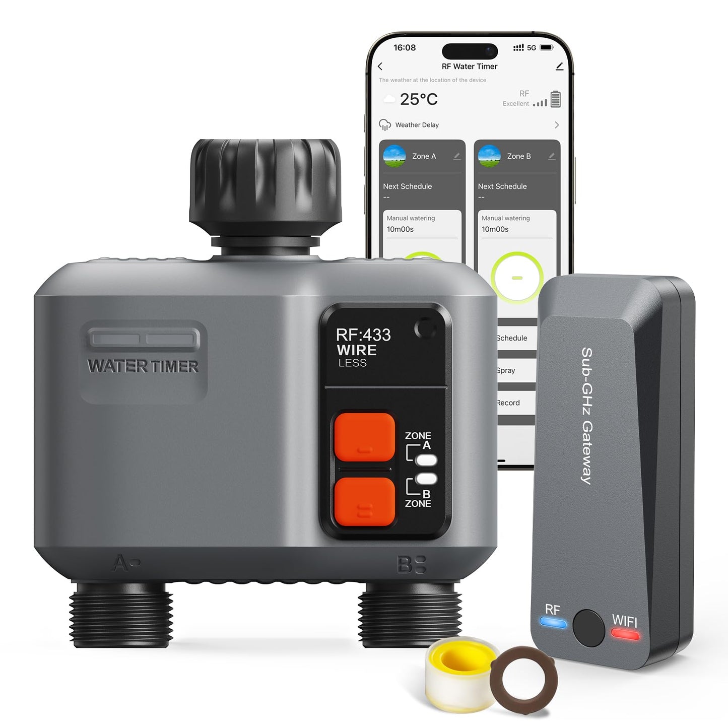 Smart WiFi Water Timer 2-Zone, Sprinkler Timer with Wi-Fi Hub, 2 Outlets Bluetooth Hose Timer with Rain Delay, Wireless Irrigation Timer with Automatic/Manual for Garden/Lawn