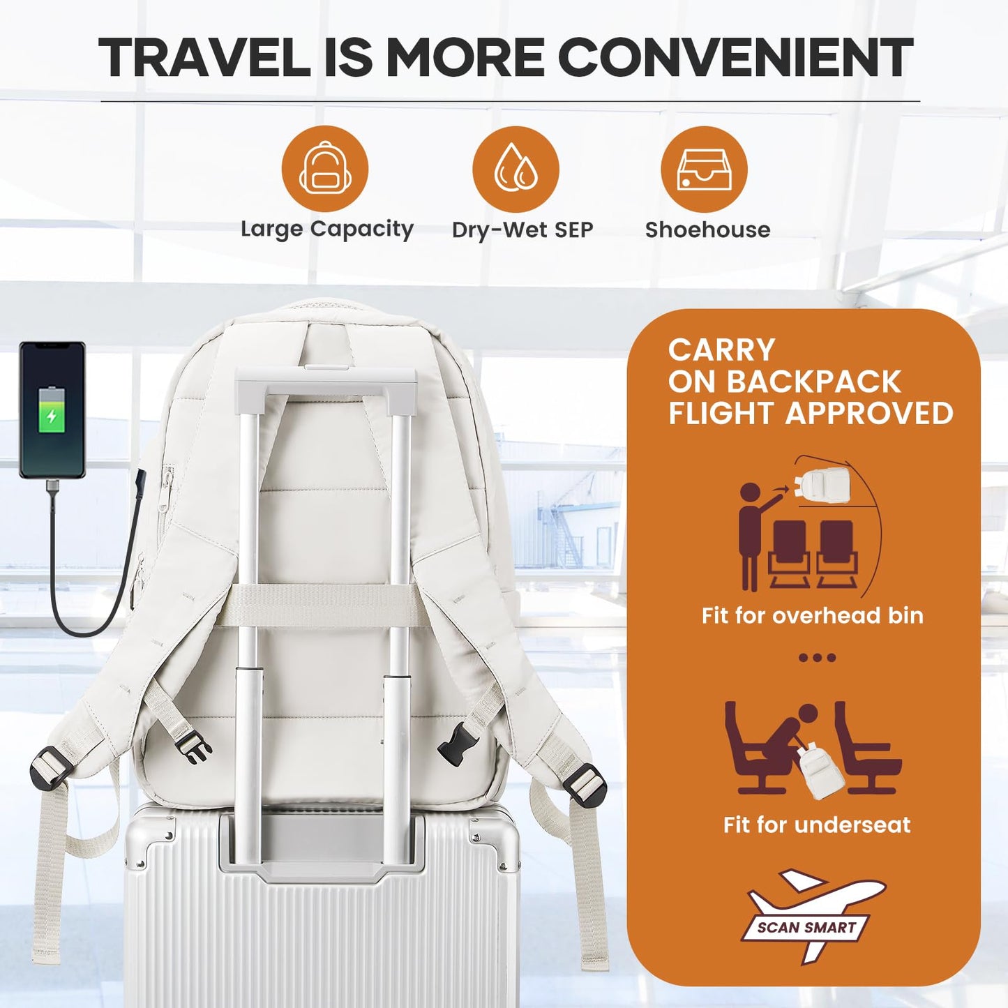 UPPACK Vacuum Backpack Travel with Pump Carry on Backpack Flight Approved Personal Item Travel Bag Airplane Compression Backpack for Travel with Vacuum System Beige