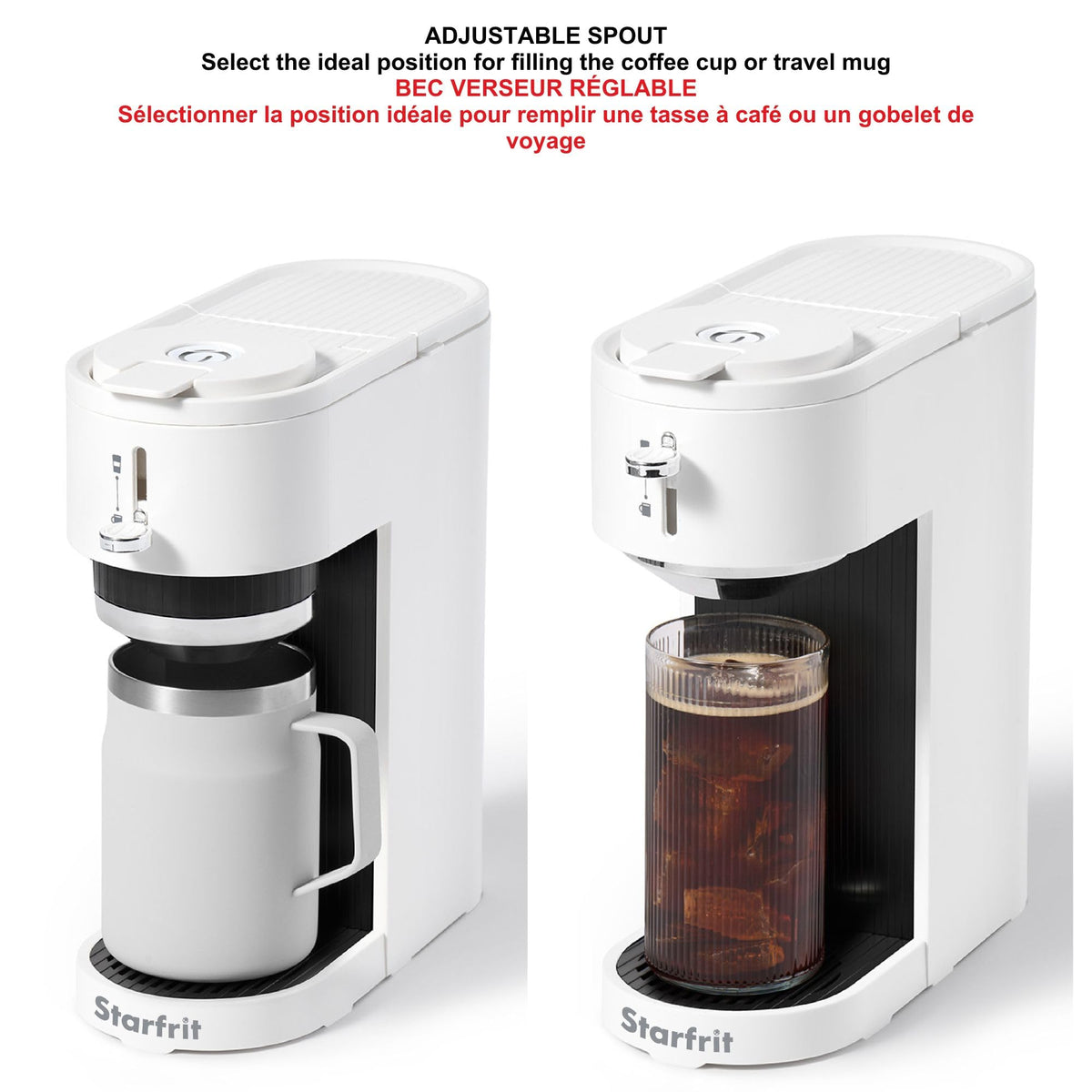 Starfrit 2-in-1 Coffee Machine - Brews K-Cup Pods or Ground Coffee - Adjustable Spout for Mugs - Removable Filter Basket - White Matte