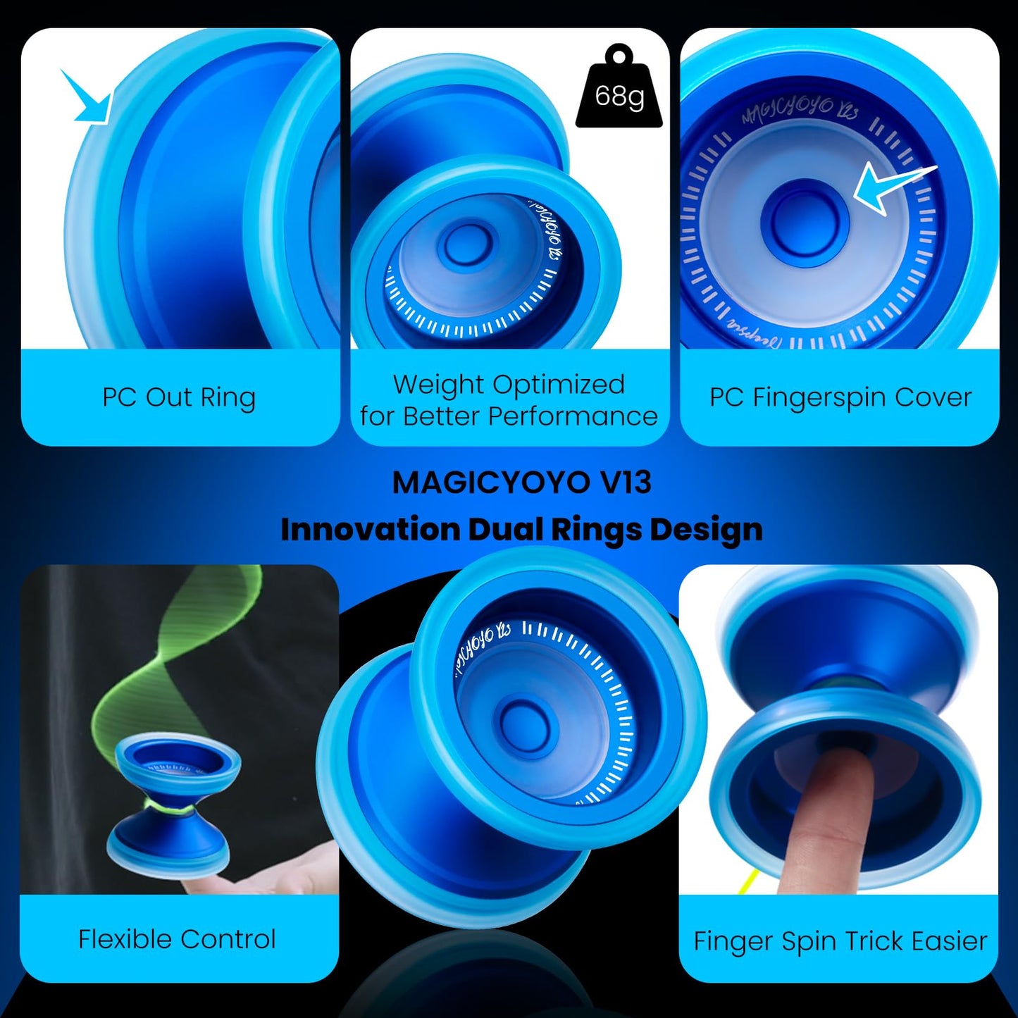 MAGICYOYO V13 DEEPSPIN Bi-Material Yoyo for Kids 8-12, Dual-Function Yoyo Professional for All Skill Levels, Trick Yo-yo with 12 Yoyos Strings, Finger Brace, Bearing Kit (Blue+Blue Rings)