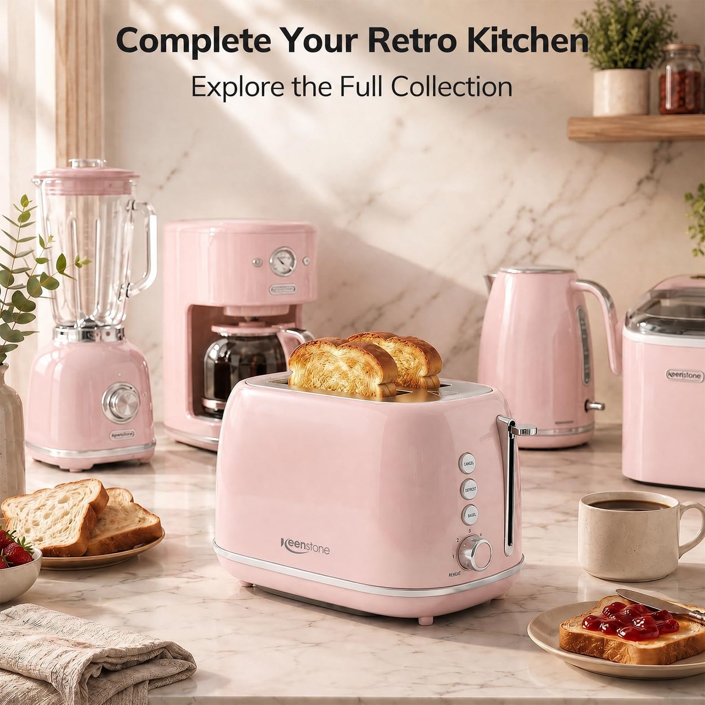 Keenstone Toaster 2 Slice Stainless Steel with 6 Bread Shade Settings, Bagel, Cancel, Defrost Function, 2 Slice Retro Toaster with Extra Wide Slot, Removable Crumb Tray, Pink