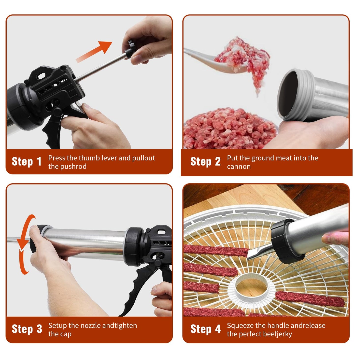 Hoypeyfiy Stainless Steel Jerky Gun Sausage Maker Sausage Stuffer Handmade Beef Jerky Gun with 5 Stainless Nozzles Meat Pusher Cleaning Brushes Kit