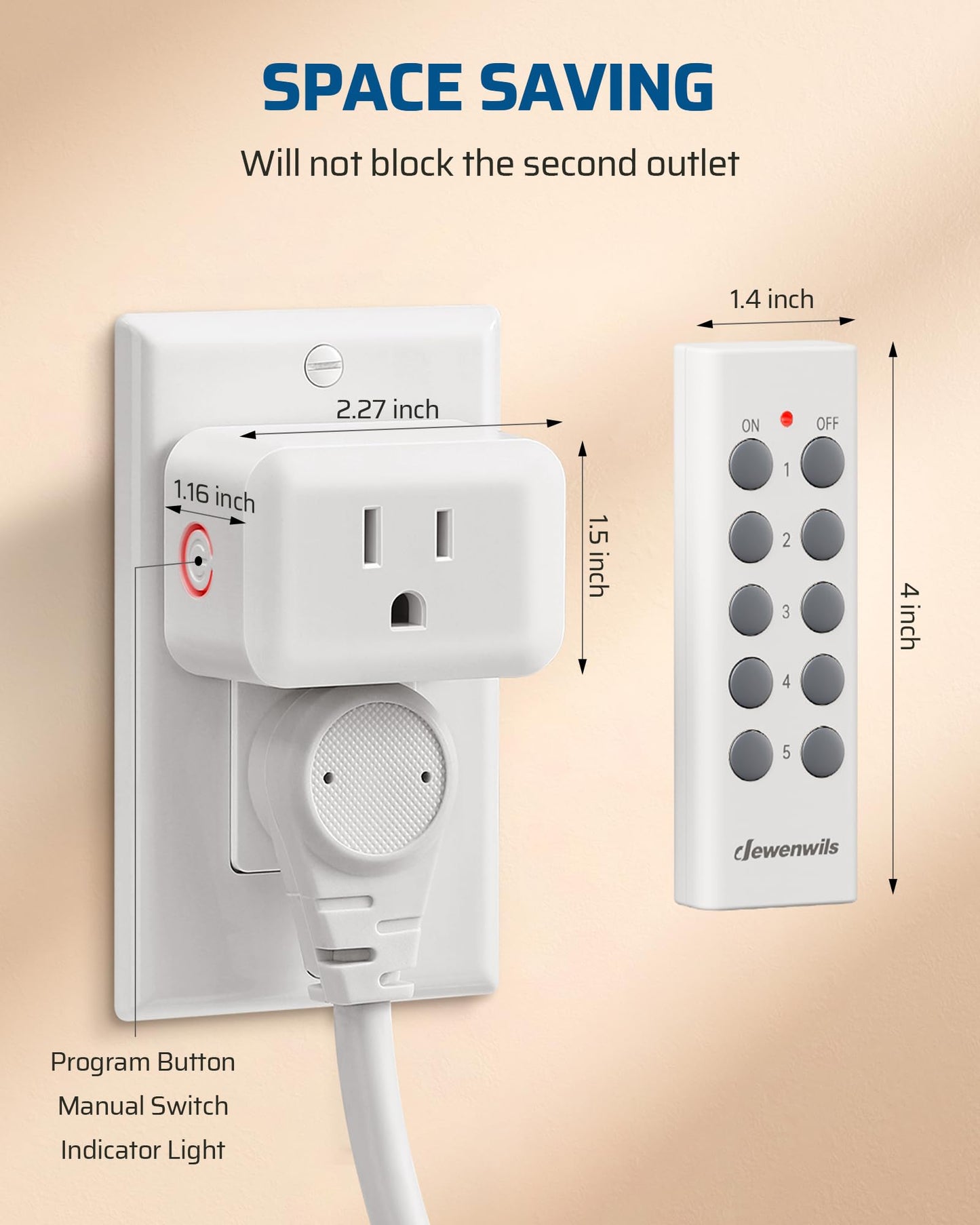 DEWENWILS Wireless Remote Control Outlet, Programmable and Expandable Electrical Outlet Switch, 100FT Range, 125V/15A/1875W Wireless Remote Light Switch, 2 Remote and 5 Outlets
