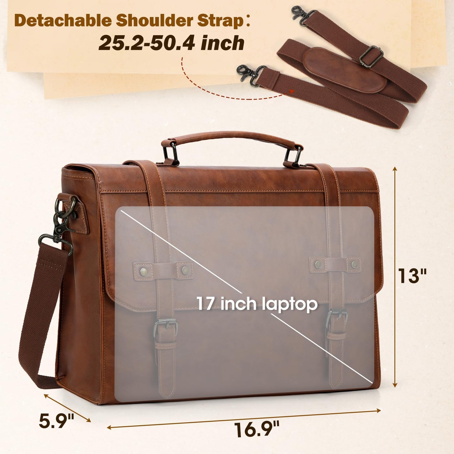 Messenger Bag Men 17 Inch Laptop Bag Vintage PU Leather Computer Briefcase Waterproof Satchel Bag Retro Shoulder Bag for Office Work Business Travel College,Brown