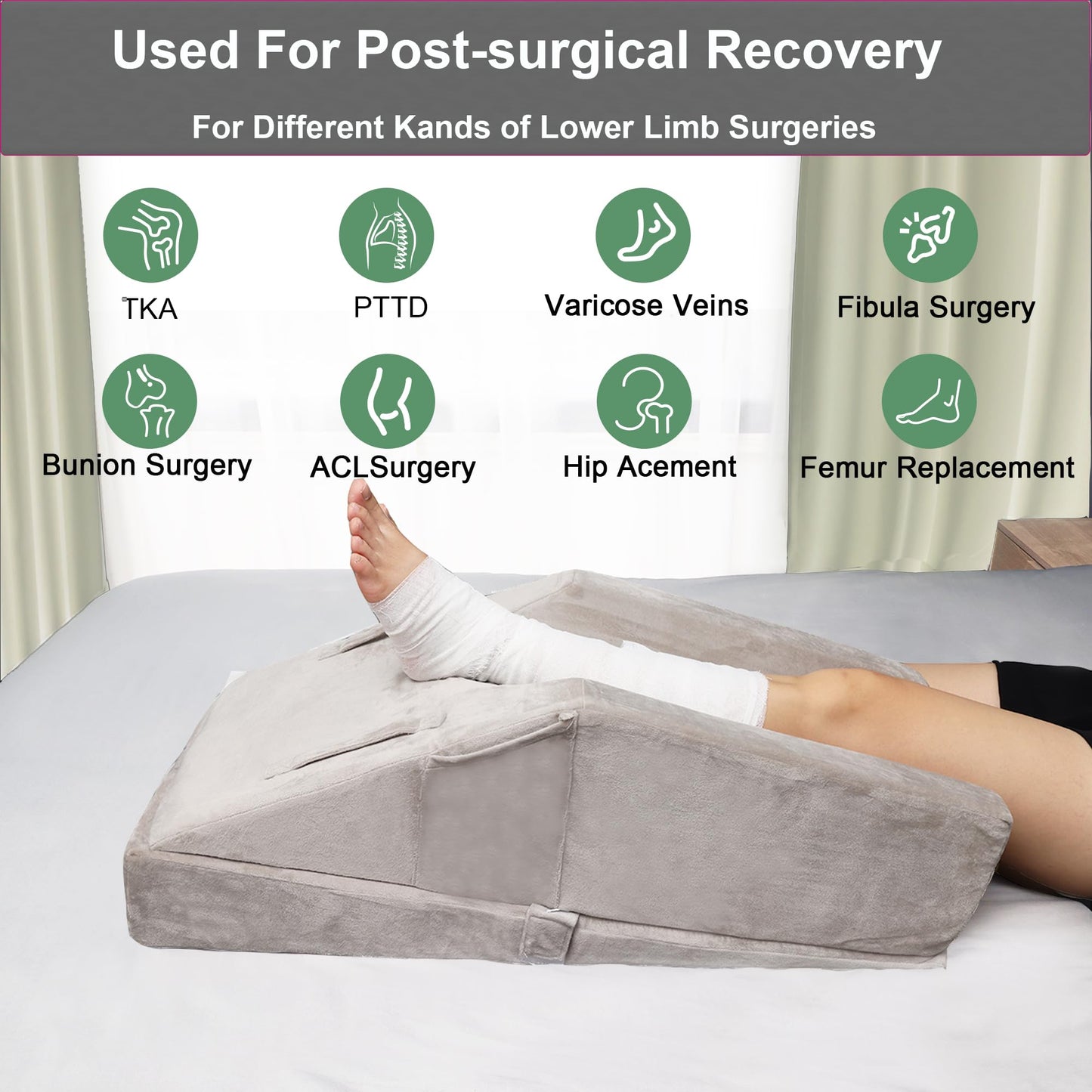 WDBBYL Leg Elevation Pillow, 3 Modes For Knee Ankle & Leg Raise After Surgery, Memory Foam U-shaped Leg Positioner, Side Pockets, Washable Velvet Cover (Grey)