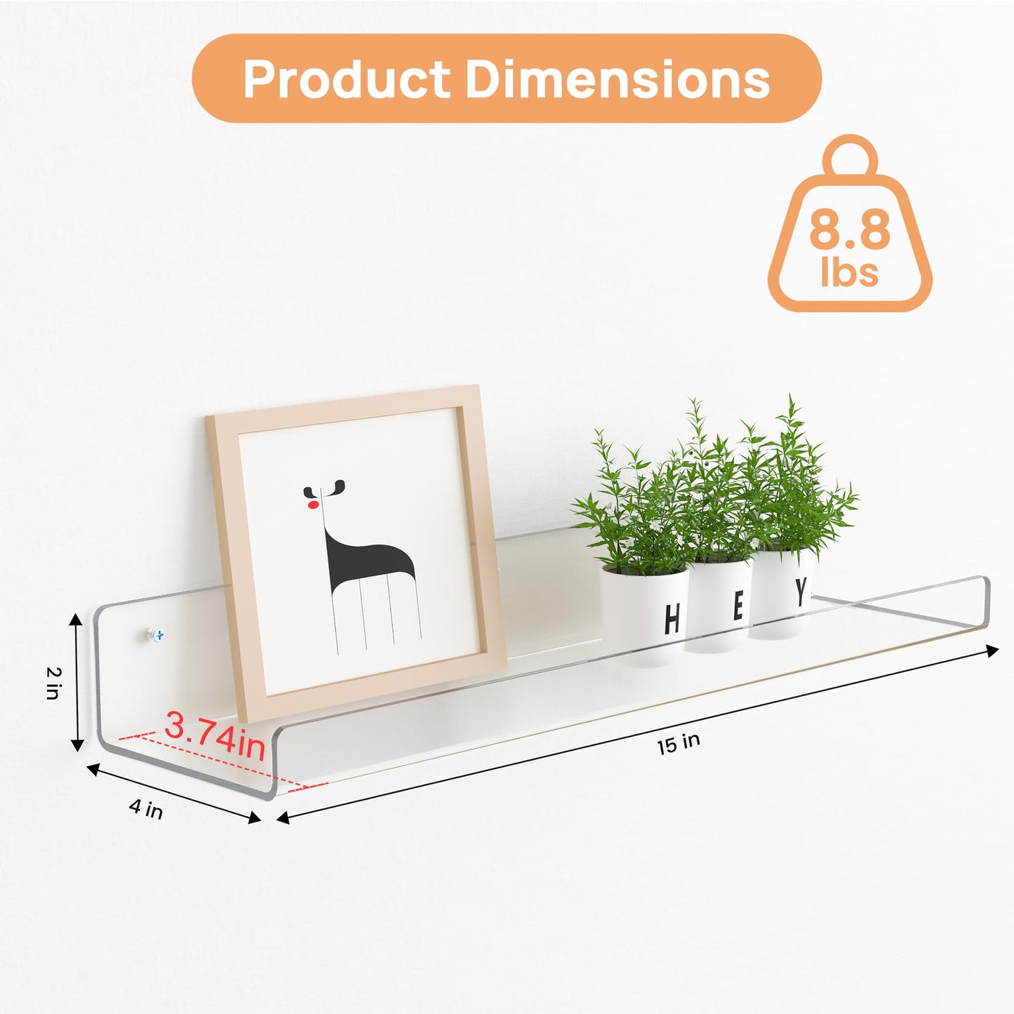 upsimples Clear Acrylic Shelves for Wall Storage, 15" Acrylic Floating Shelves Wall Mounted, Kids Bookshelf, Display Ledge for Bedroom, Living Room, Bathroom, Kitchen (6)