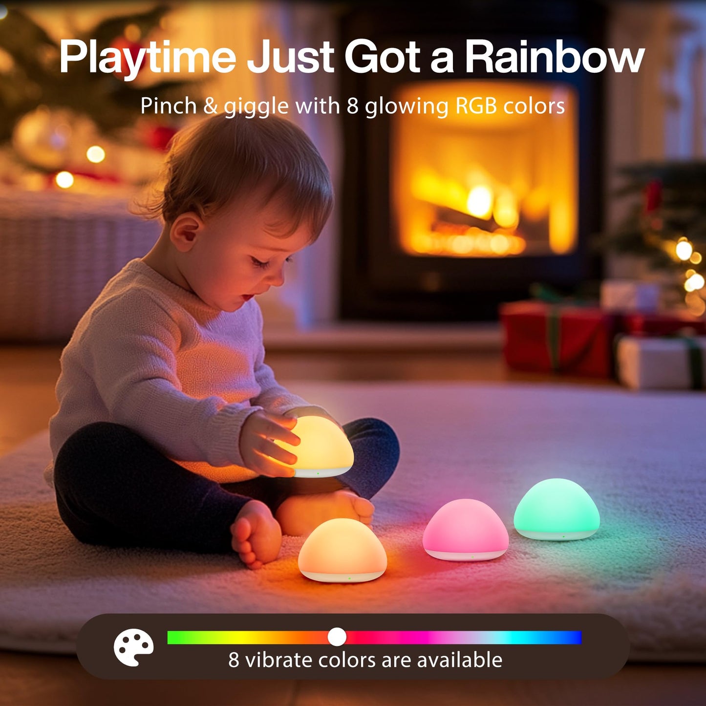 JolyWell Baby Night Light for Nursery, BPA-Free Silicone Tap Control Lamp with 4-Level Warm Light, 8 Colours, 1-Hour Timer, Rechargeable Portable Night Light for Babies and Toddlers
