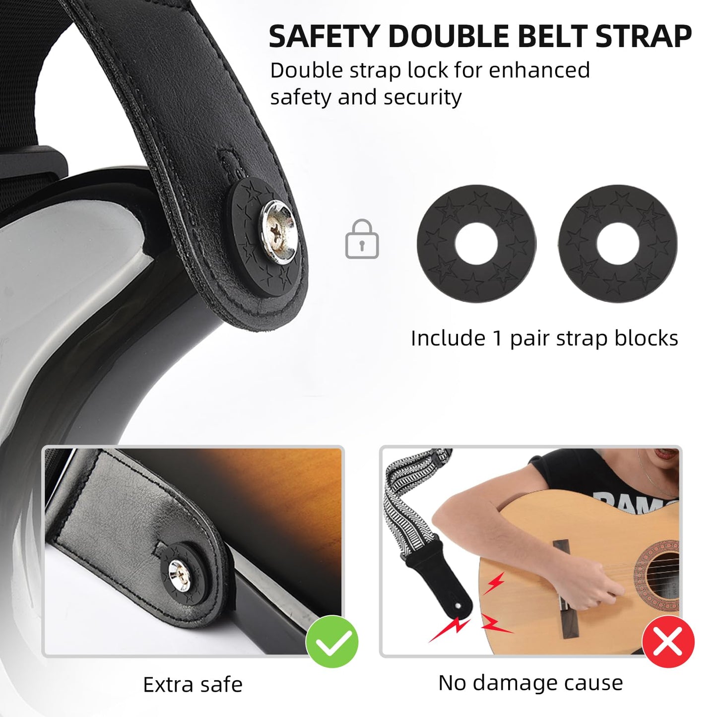 LEKATO Guitar Strap for Electric Guitar Bass, 3.5" Wide Anaglyph Embossed Retro Neoprene Padded Straps with 3D Sponge Filling Adjustable Length from 45" to 55" with Strap Locks and Picks, Black