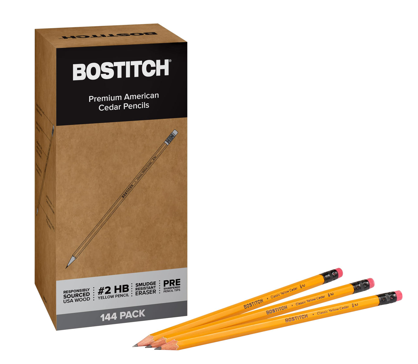 Bostitch Premium #2 Pencils, American Cedar Wood, Pre-Sharpened, HB Graphite, 144-Pack