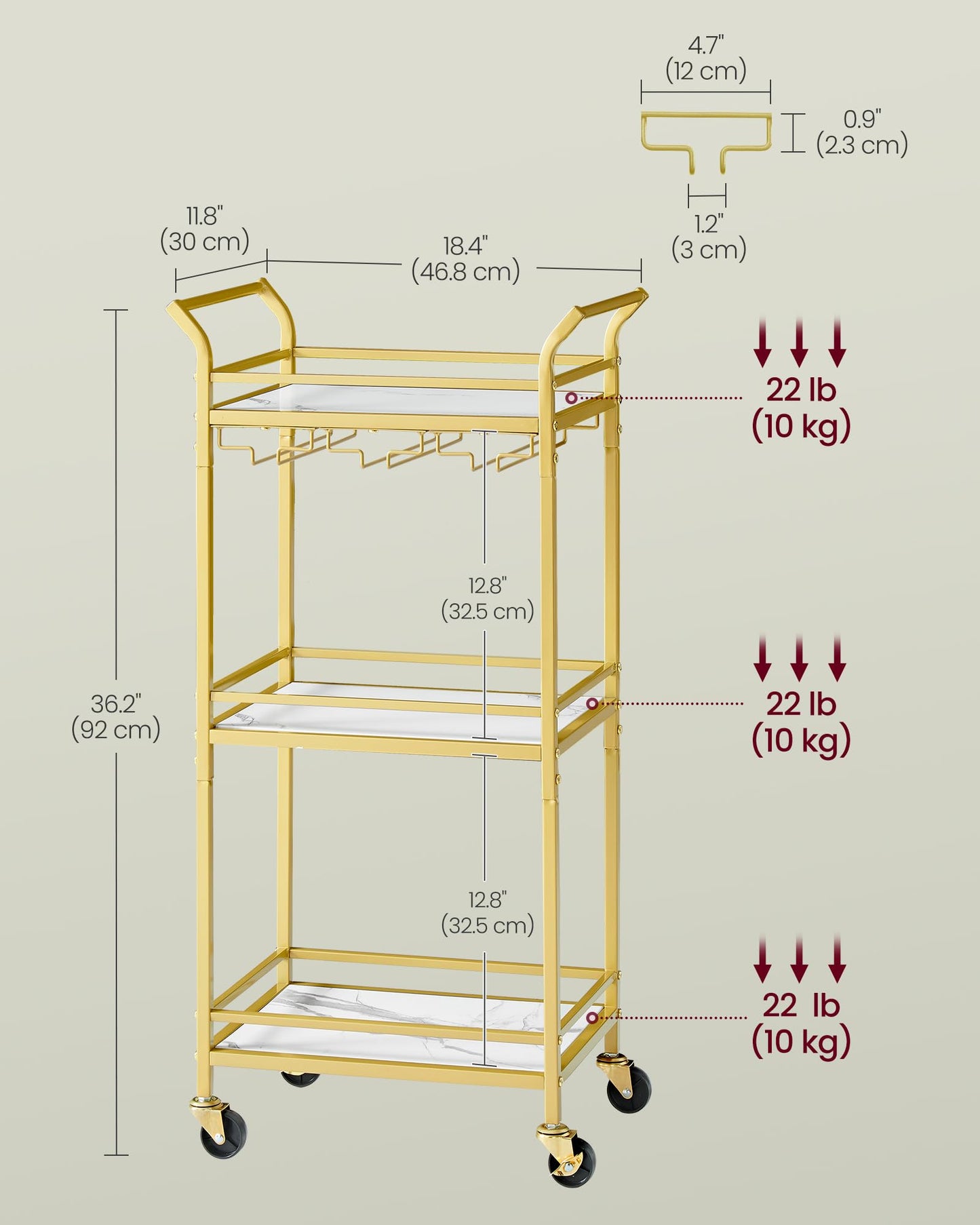 VASAGLE Bar Cart, Home Bar Serving Cart with 3 Tiers, Kitchen Shelf with Wine Rack, Glass Holders, for Small Spaces, Dining Room, Living Room, Pale Gold ULRC101A01