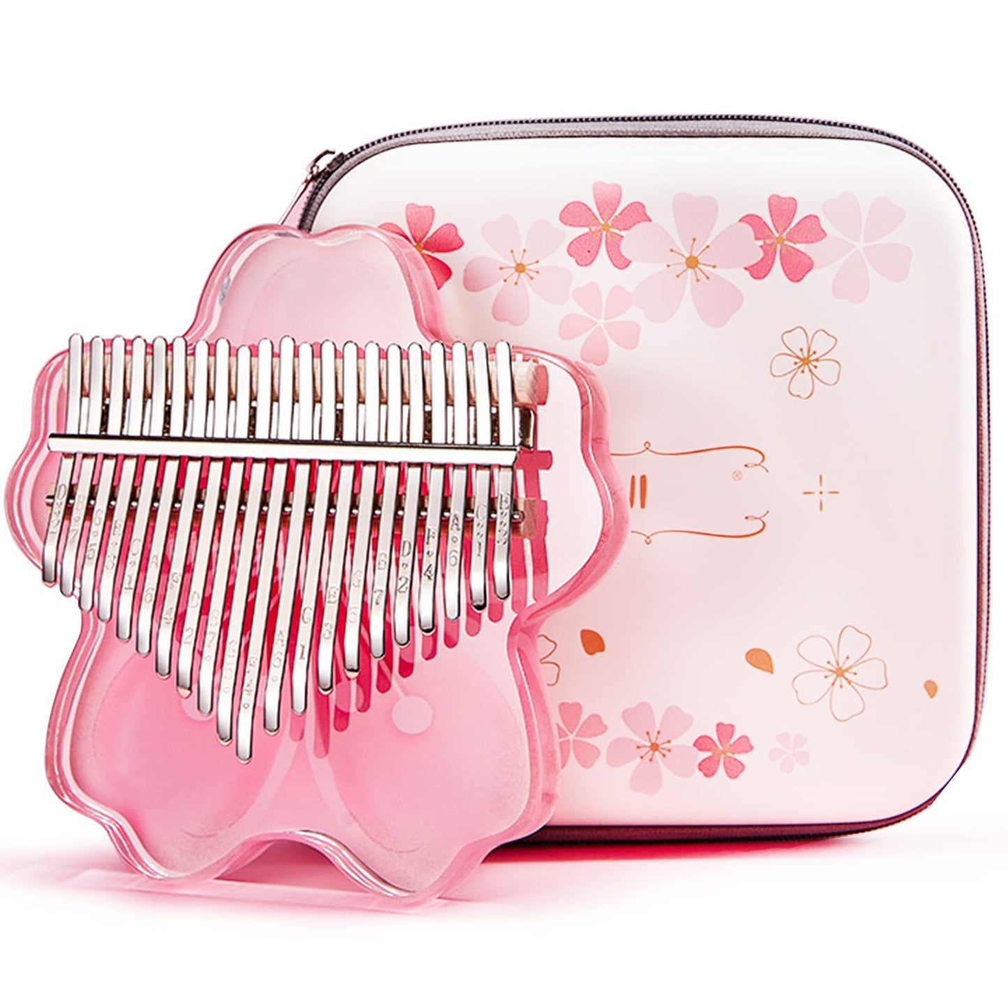Clear Kalimba Thumb Piano 21 Key with EVA Protective Case Full Kit, Sakura Shape Transparent Crystal Kalimba 17 Key, Professional Musical Instruments for Kid Adult Beginners,Pink 21 Notes