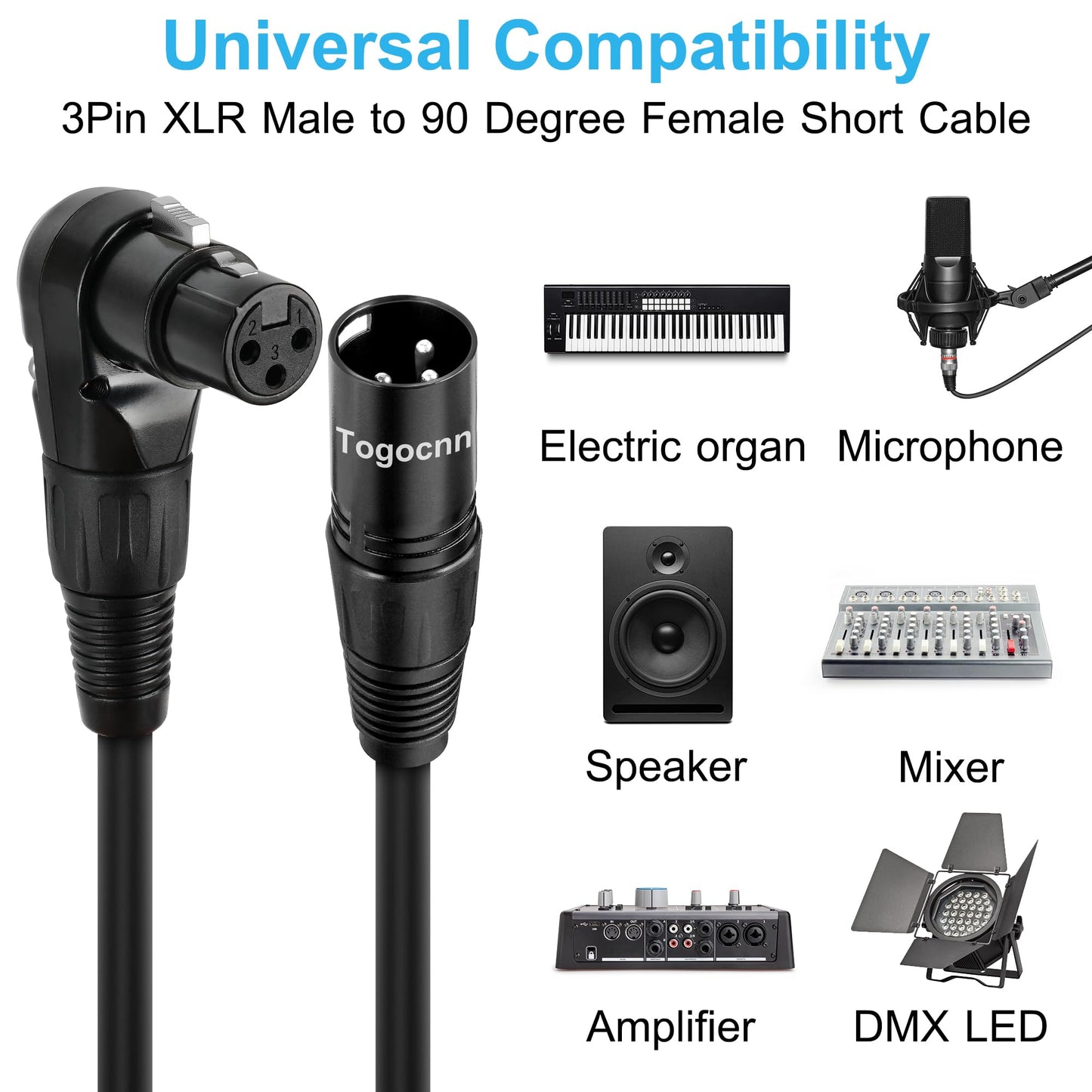 Togconn 6-Pack XLR Microphone Extension Cable Adapter 0.6 Feet, 90 Degree XLR Female to Straight Male 3-Pin Mic Connector for Speaker, Recording Studio, Mic Mixer, Audio Interface, Amplifier, More