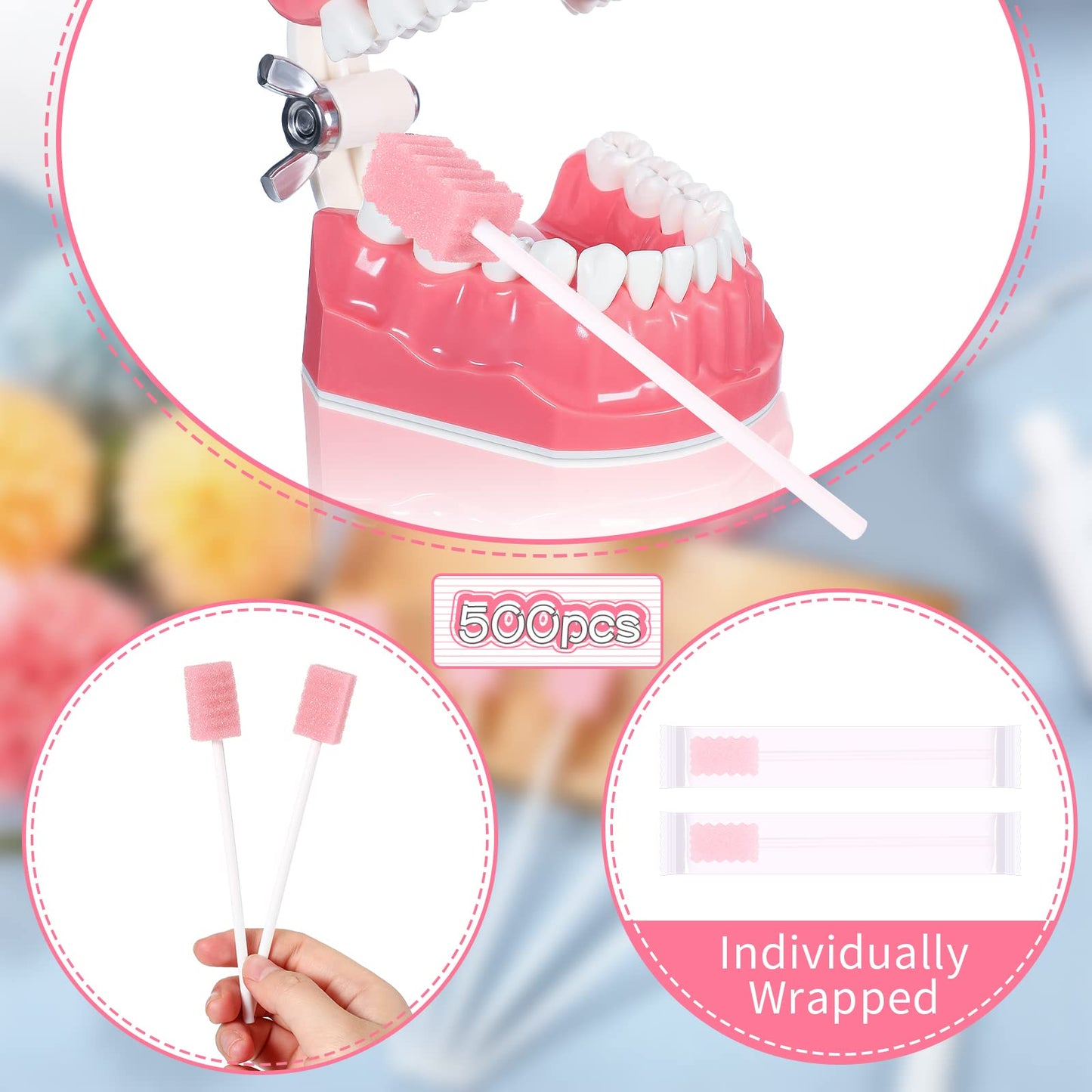 500 Pcs Disposable Oral Swabs for ElderlyToothbrush OralToothettes Oral Swabs Bulk Dental Swab Sticks 4.92" Sponge Individually Wrapped Care for Mouth(Pink)