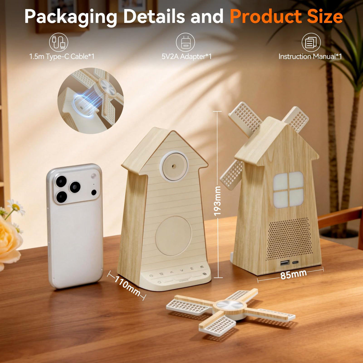 RETEYUNG Alarm Clock with Rotating Windmill,Sound Machine with Wake up Light,Snooze,10 Nature Sounds & 10 White Noises,15 Ringtones,USB Charging,4-Tier Dimmer,12 Volume,30/60/90 Timer for Kids Adults