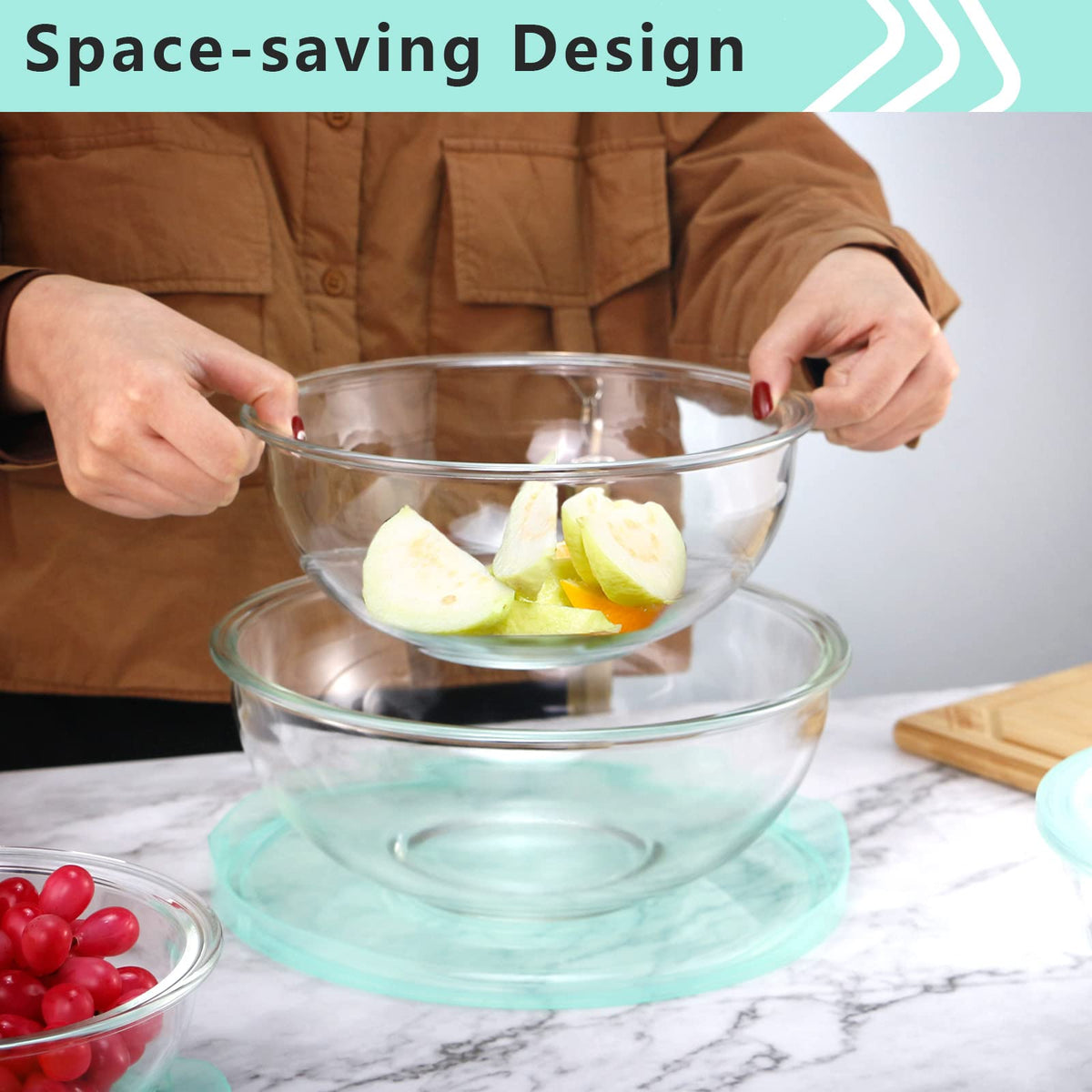 Luvan High Borosilicate Glass Mixing Salad Bowls with Lids Set of 4, 3.7QT,2.5QT,1.5QT,1QT Large Kitchen Nesting Bowls, Great for Food Storage, Cooking, Baking,Prepping-4PCS