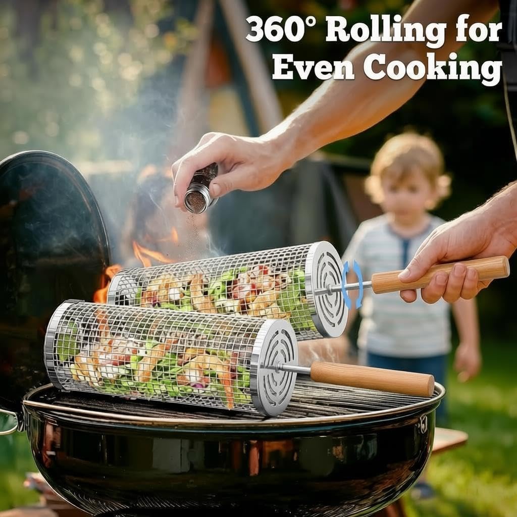 2 Pack Rolling Grill Basket, Removable Wooden Handle, 304 Stainless Steel, Smoker BBQ Accessories for Vegetable Fish Meat, Outdoor Grill Camping Backyard Cooking, Nesting BBQ Tools Birthday Gifts for Men Dad Husband