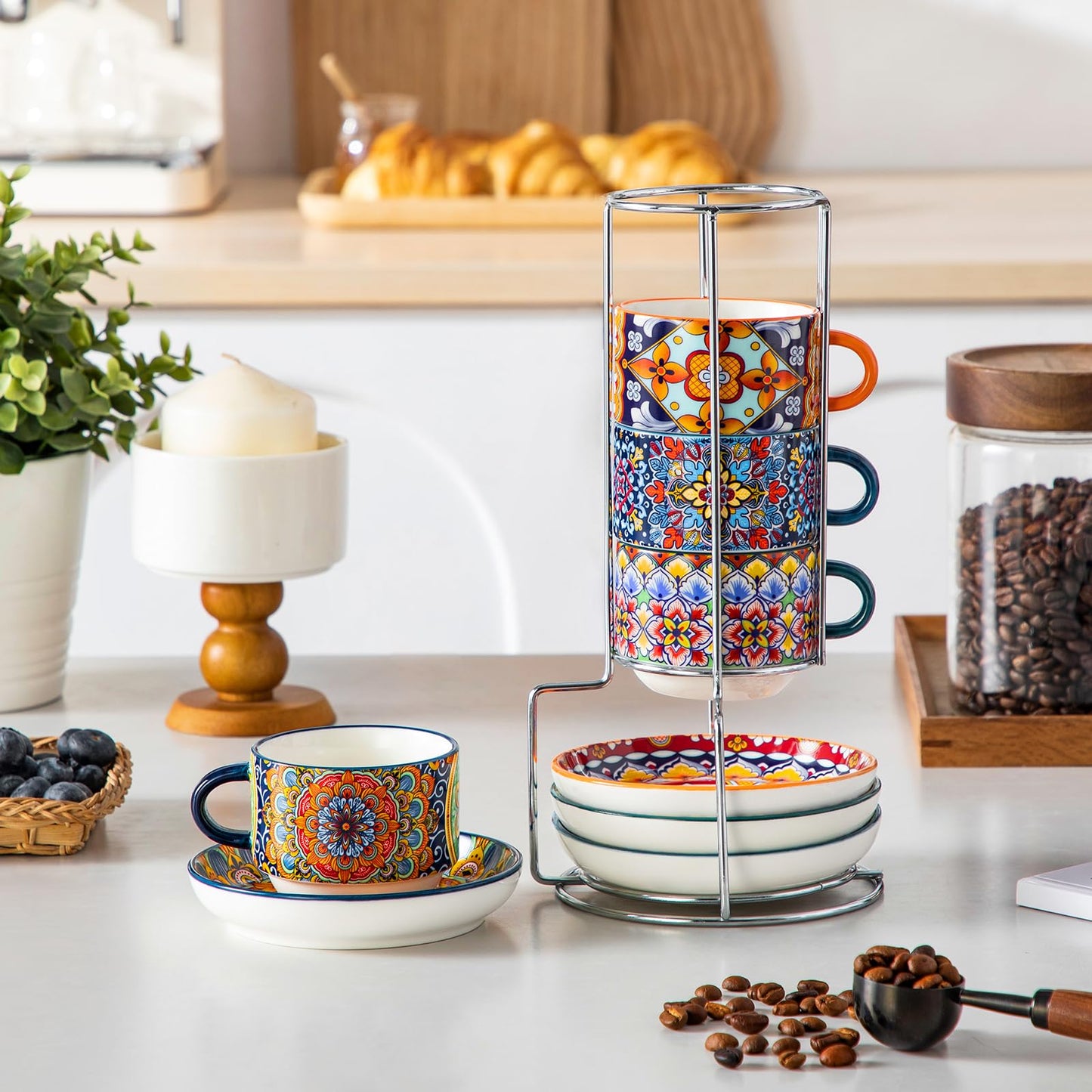 vancasso 4 Oz Stackable Espresso Cups with Saucers and Metal Stand Set of 4,Bohemian Ceramic Cappuccino Cups - Microwave and Dishwasher Safe, Perfect for Tea, Espresso, Latte, Cafe-02