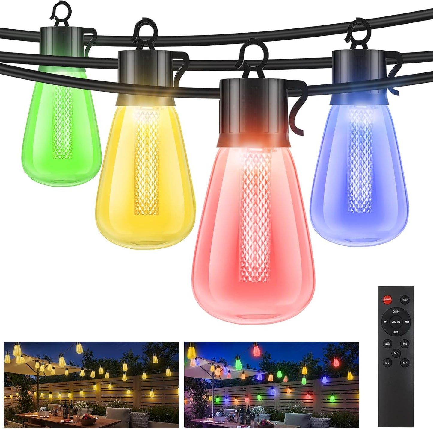 litogo 60FT Color Changing Outdoor String Lights with Remote - Dimmable LED RGB Patio Lights for Outside with Shatterproof Waterproof Edison Bulbs for Yard Gazebo Party Wedding Holiday