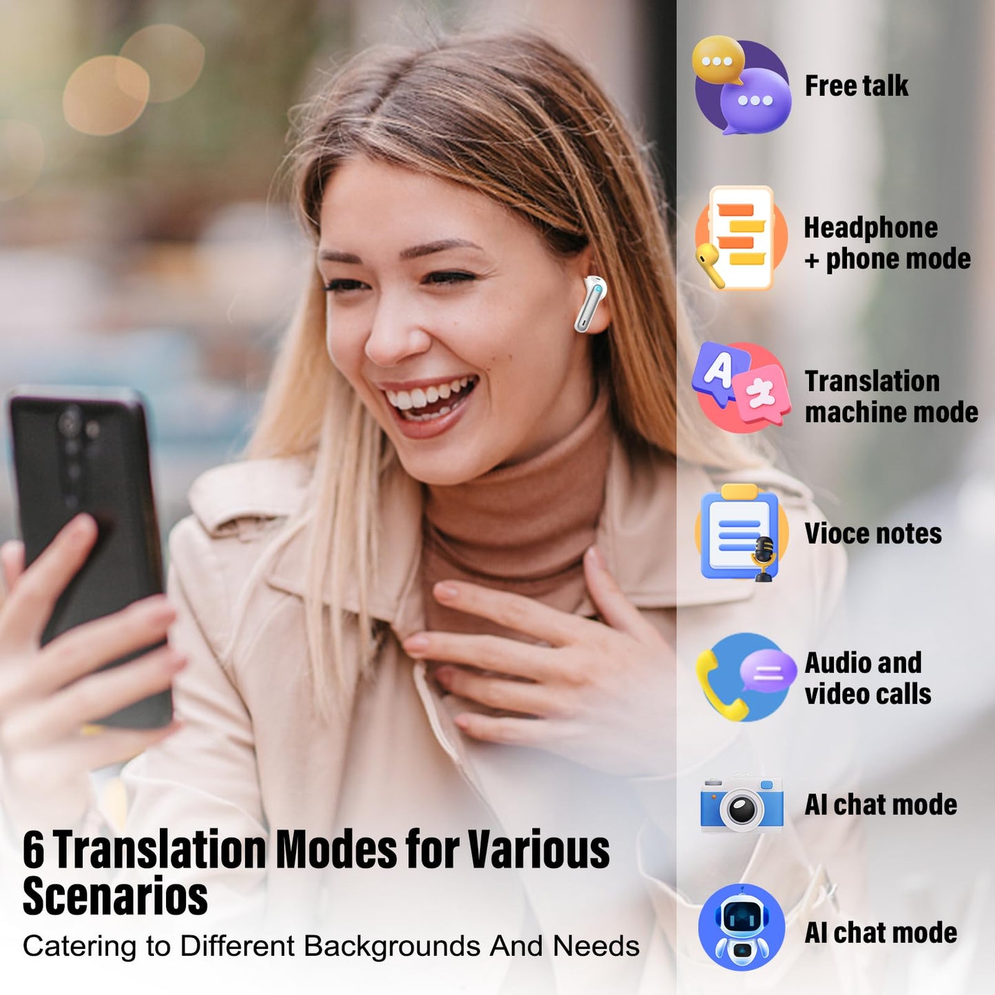 AI Language Translator Earbuds Real Time, 3 in 1 Simultaneous Interpretation Translator Earbuds with 164 Languages/6 Translation Modes, 40H Translation Headphones with ENC Mic Business/Learning White