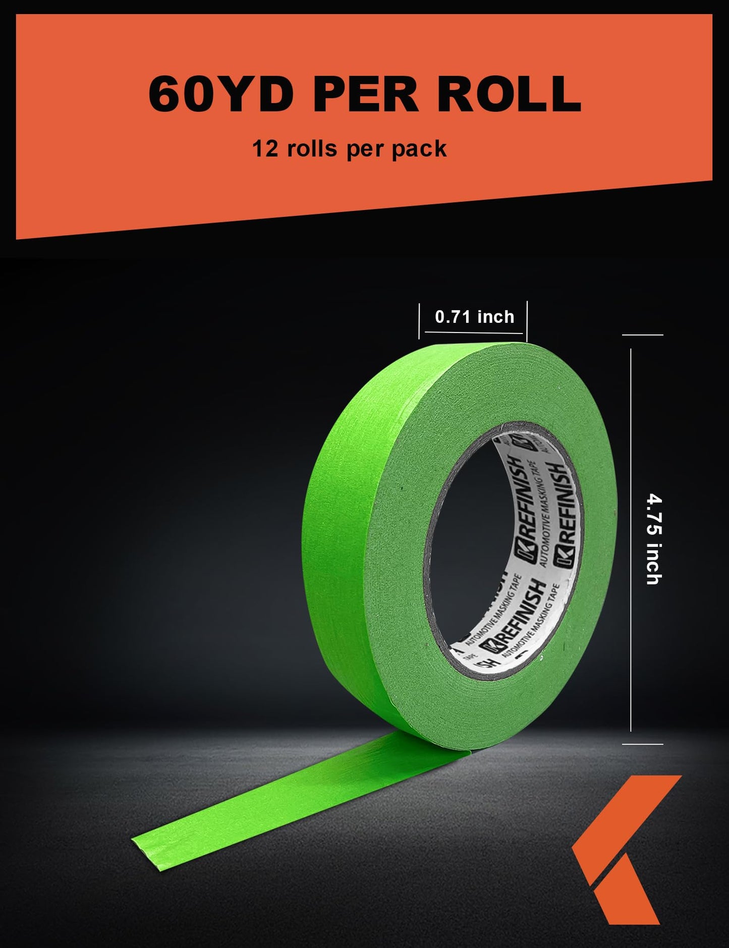 KREFINISH Painters Tape for Car Paint Green No Residue Automotive Masking Tape for Automotive Paint - Heat Resistant for Paint Booth, 0.7 Inches X 60 Yards, 12 Rolls