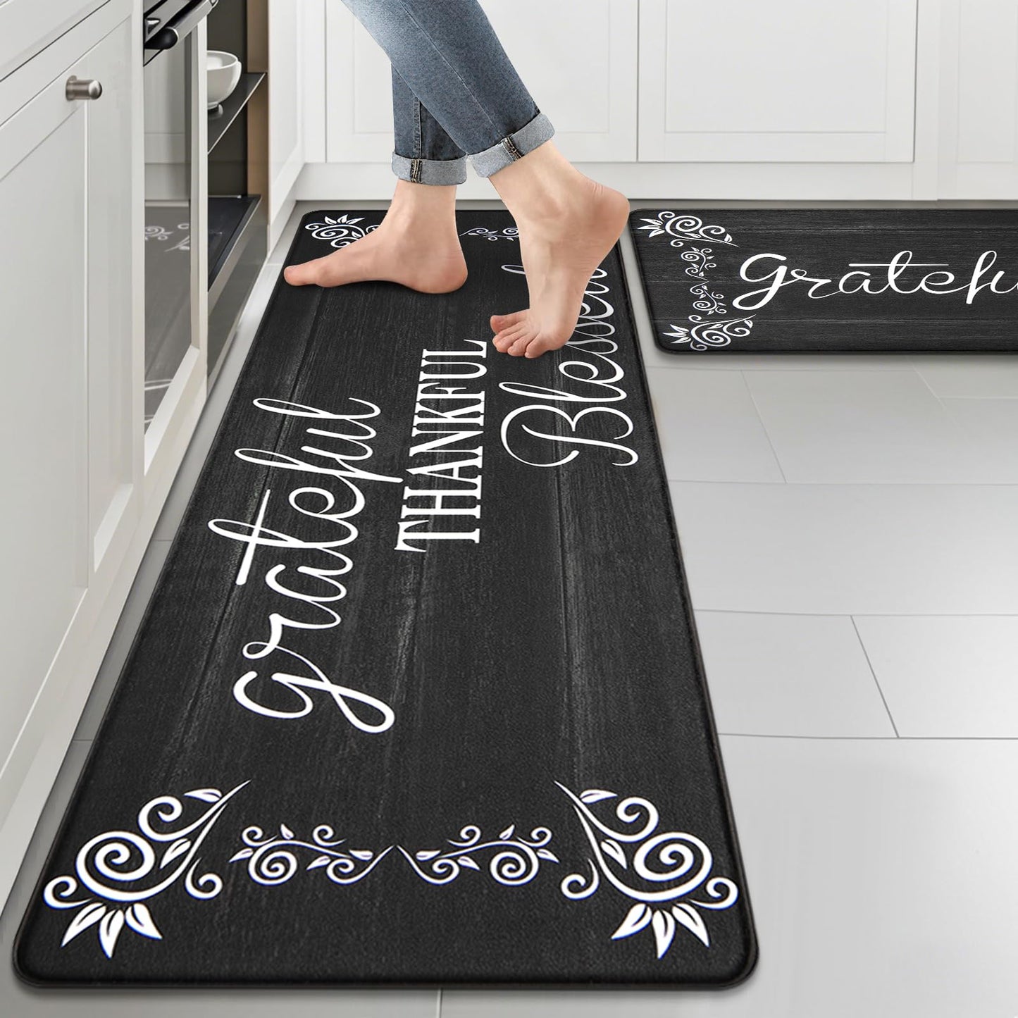HEBE Kitchen Mats for Floor Anti Fatigue Mat, Cushioned Kitchen Rug, Non Skid Waterproof Comfort Standing Mat, Heavy Duty Kitchen Mat Set for Home,Office,Sink,Laundry,Desk, 17.3"x28"+17.3"x48"