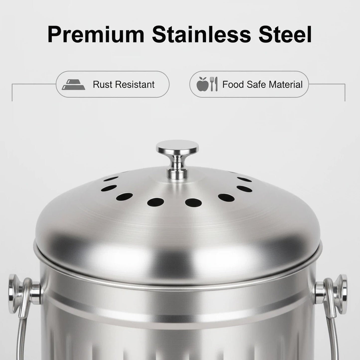 Veinvify 1.3 Gallons 5L Brushed Stainless Steel Kitchen Countertop Undersink Indoor Odorless Composting Compost Bin Countertop Composter with Charcoal Filter Inside Lid Brushed