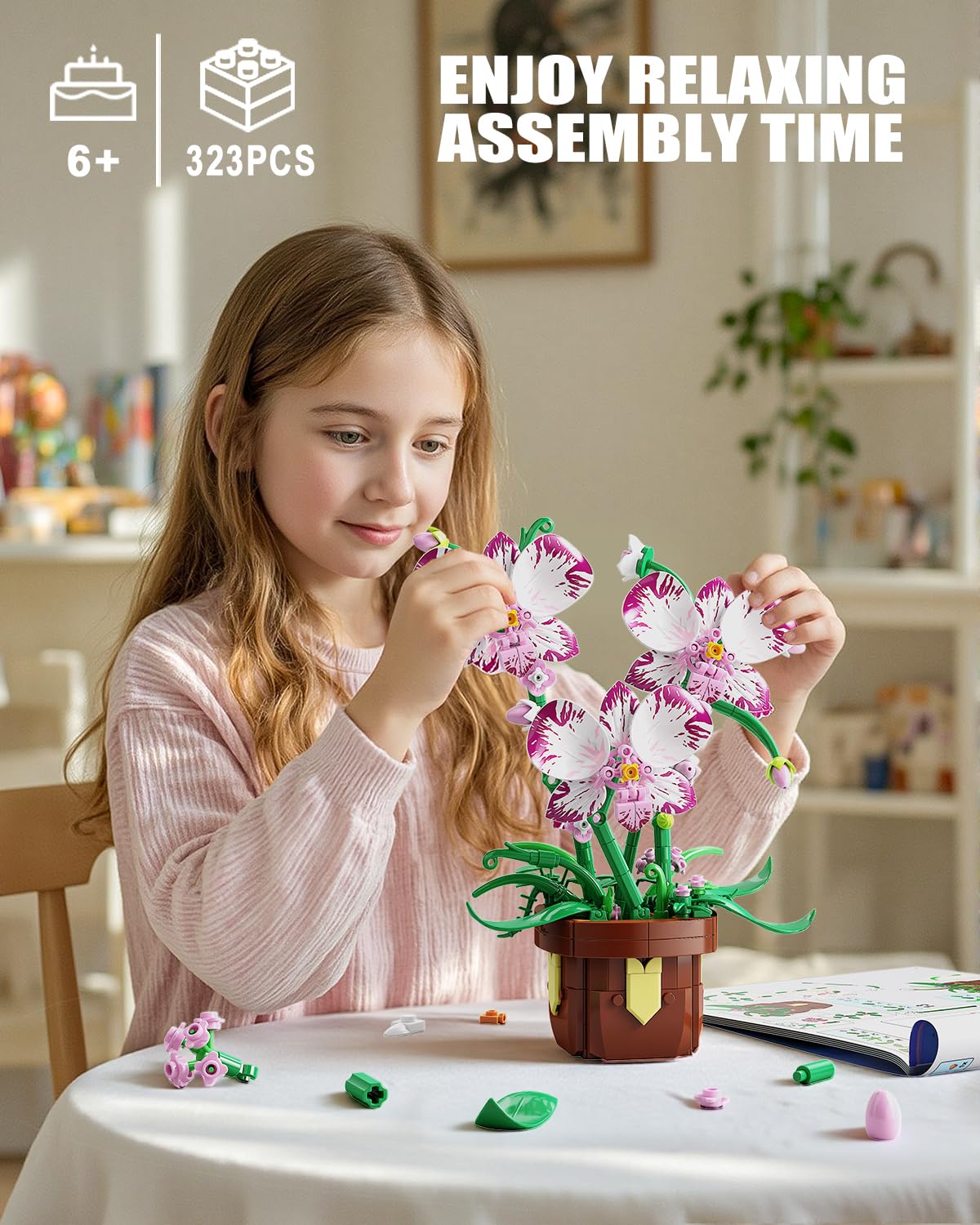 Flowers Botanicals Orchid Building Set - Artificial Flower Building Blocks for Adult Women, Bonsai Plants Indoor Home Office Desk Decor Christmas Birthday Gift for Adults Kids Girls 6-12 (323 PCS)