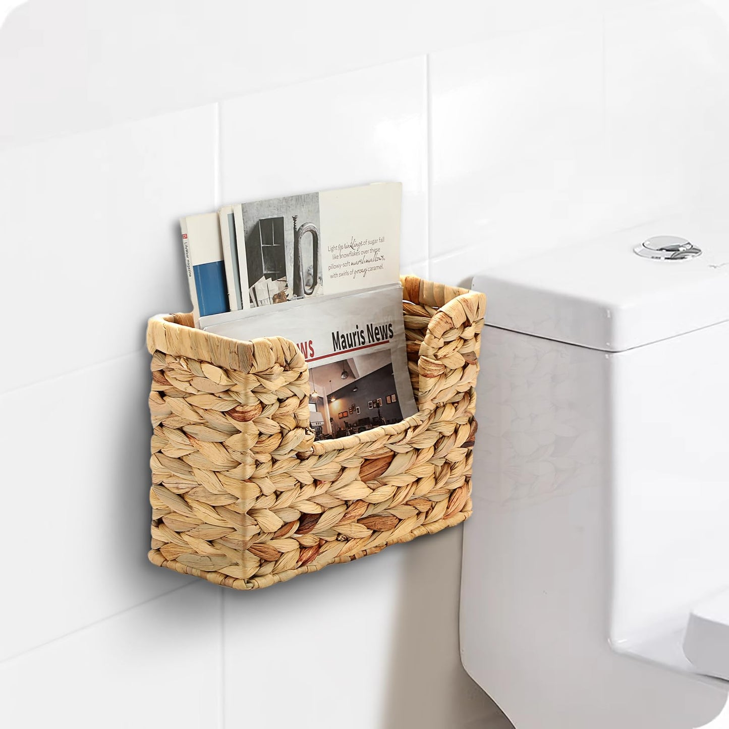 BTSKY Mail Organizer Wall Mounted File Holder Natural Water Hyacinth Magazine Basket Wall Hanging Magazine Holder Mail Storage Basket Bin for Home Office, 11.8 x 4.3 x 7.9 Inch