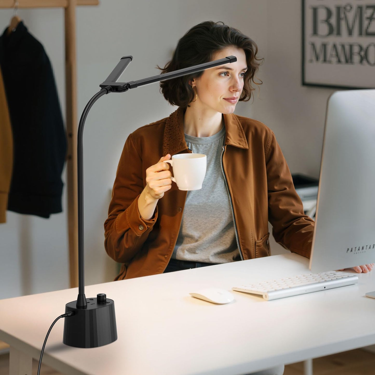 Semlos Desk Lamp for Home Office, LED Table Light with USB A+C Ports & Knob Controller, Eye-Caring for Reading, Study, Bedroom, Dimmable, Black, Charger Included