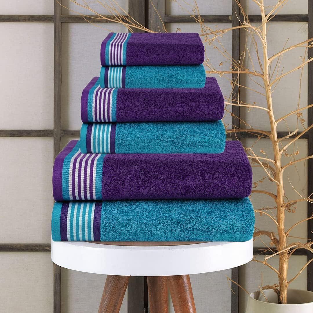 Casa Copenhagen He & She 6 Pieces Towel Set- Violet Indigo + Teal Green, 550 GSM 2 Bath Towel 2 Hand Towel 2 Washcloth, Designed in Denmark Made of Soft Egyptian Cotton for Bathroom, Kitchen & Shower