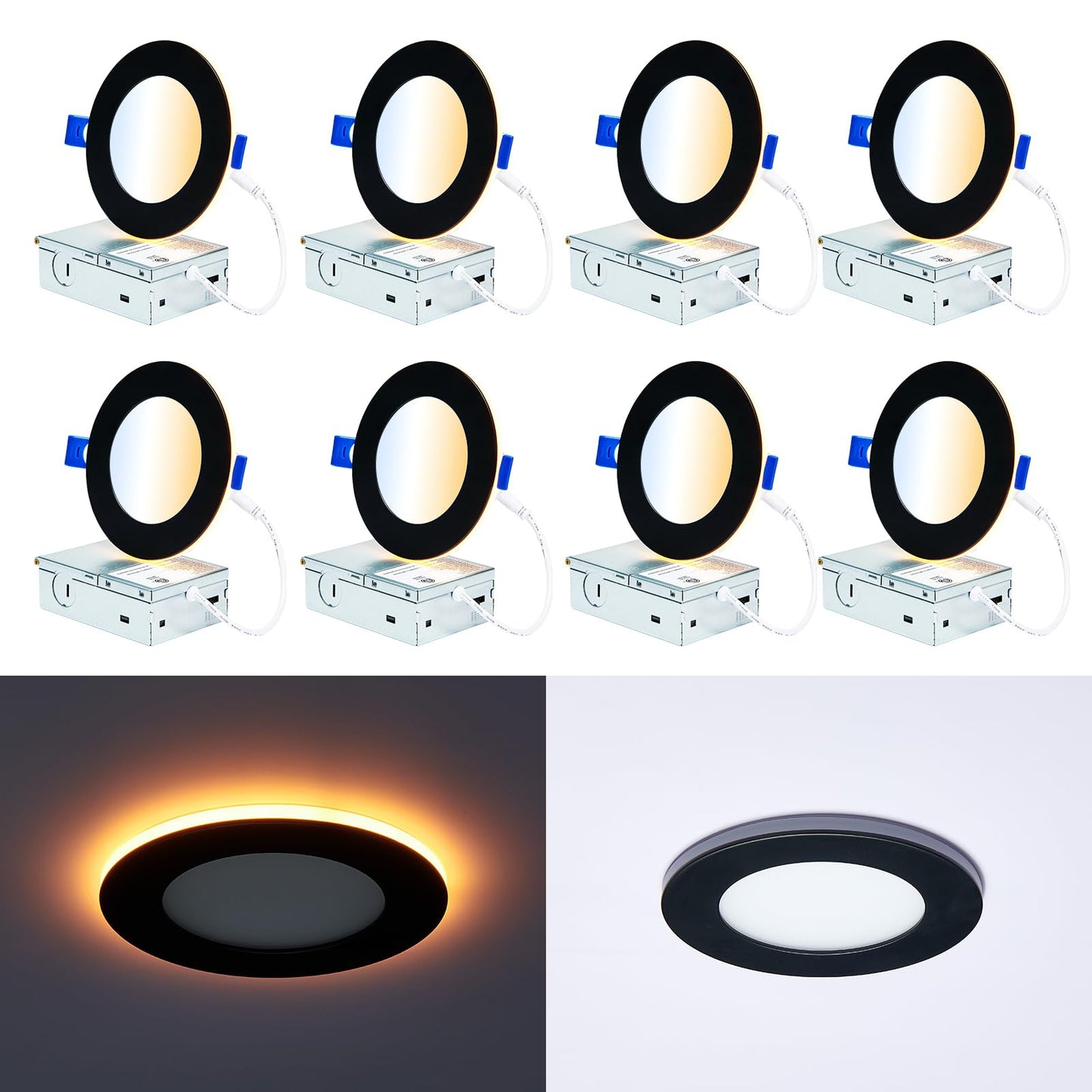 CycevSun Black Pot Lights LED 4 Inch Recessed Lighting with Night Light, Dimmable & 5CCT Selectable Slim Wafer Downlight, 9W, cETL, IC & Wet Rated, 8 Pack