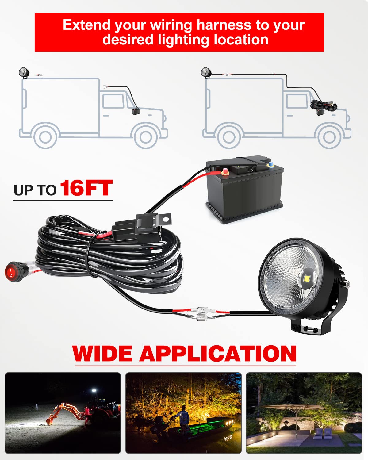 NAOEVO 16FT LED Light Bar Wiring Harness Kit 16AWG 2 Leads 12V On Off Waterproof Switch Power Relay Blade Fuse for Off Road Lights LED Work Light (16FT)