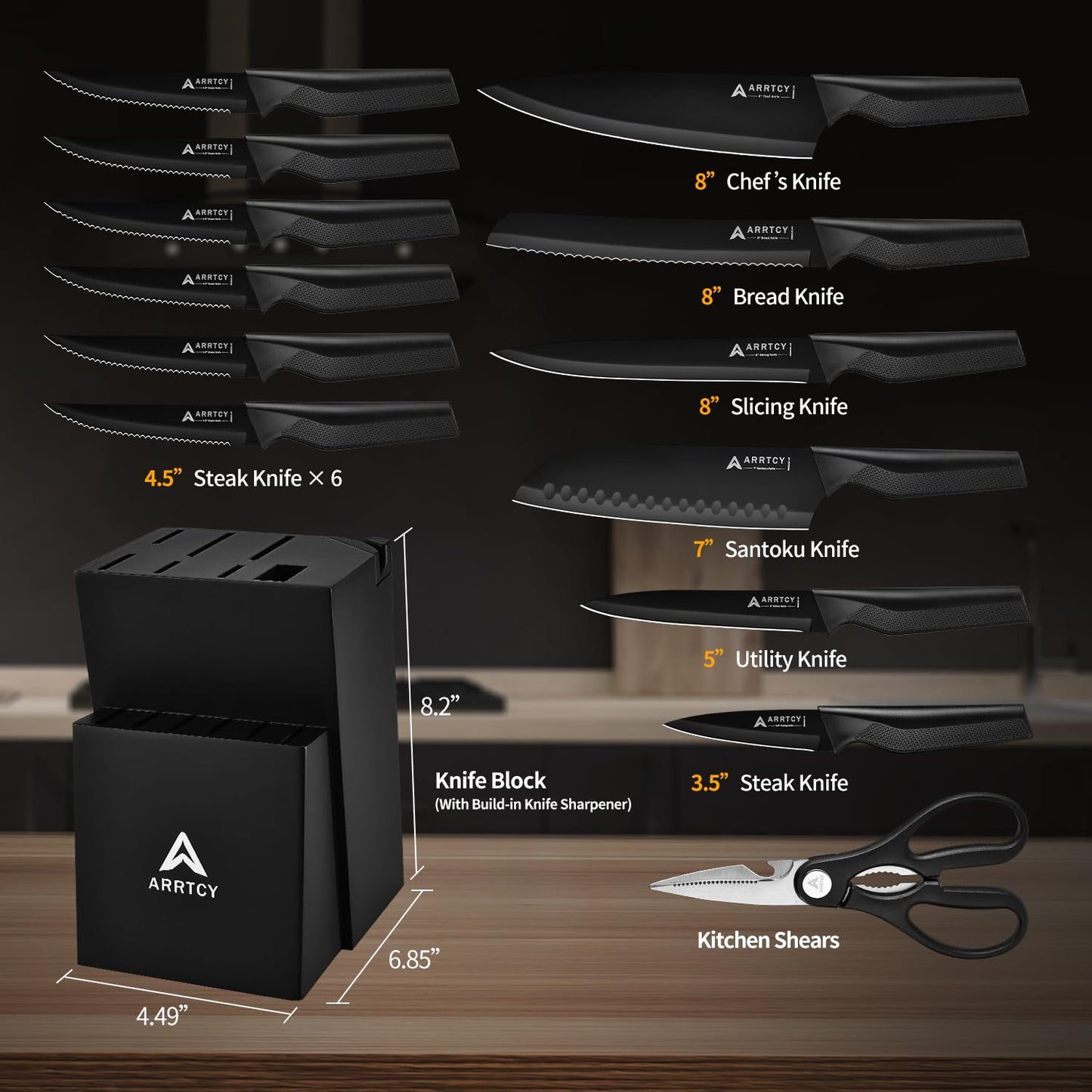 Arrtcy Knife Set - Kitchen Knife Set with Built-in Sharpener - Knife Block Set Dishwasher Safe 15 Piece - Anti-Slip Handle - German Stainless Steel - Black,with Gift Box