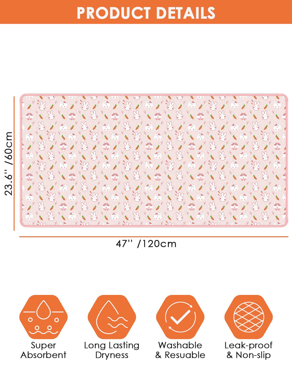 Bissap 4 Packs Guinea Pig Cage Liners, 47''X24'' Washable Guinea Pig Pee Pads Non Slip Reusable Fast and Super Absorbent Bedding for Small Animals Rabbit Hamster Chinchillas Rat - Pink